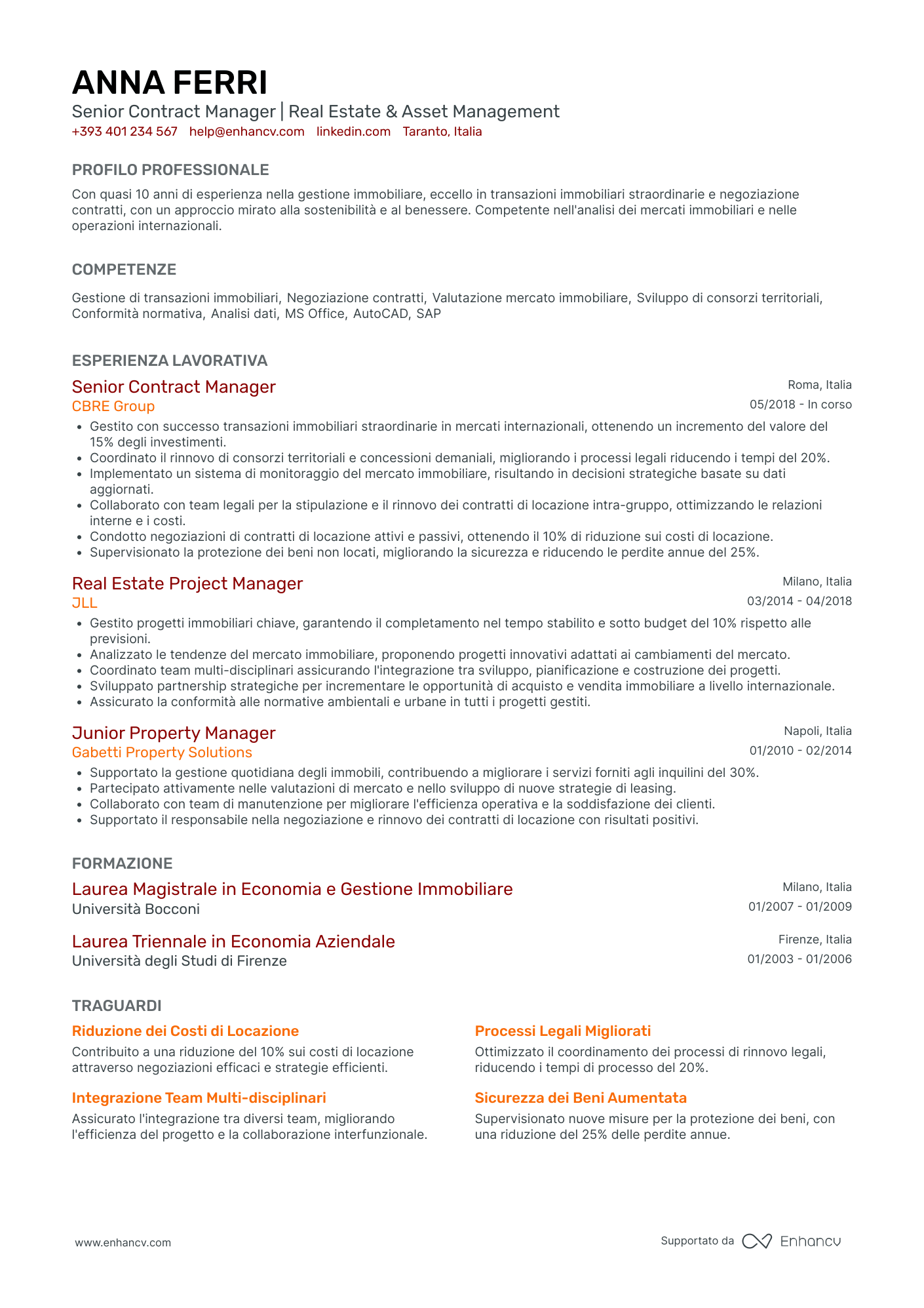 Curriculum di Agente Immobiliare per Proprietà Industriali