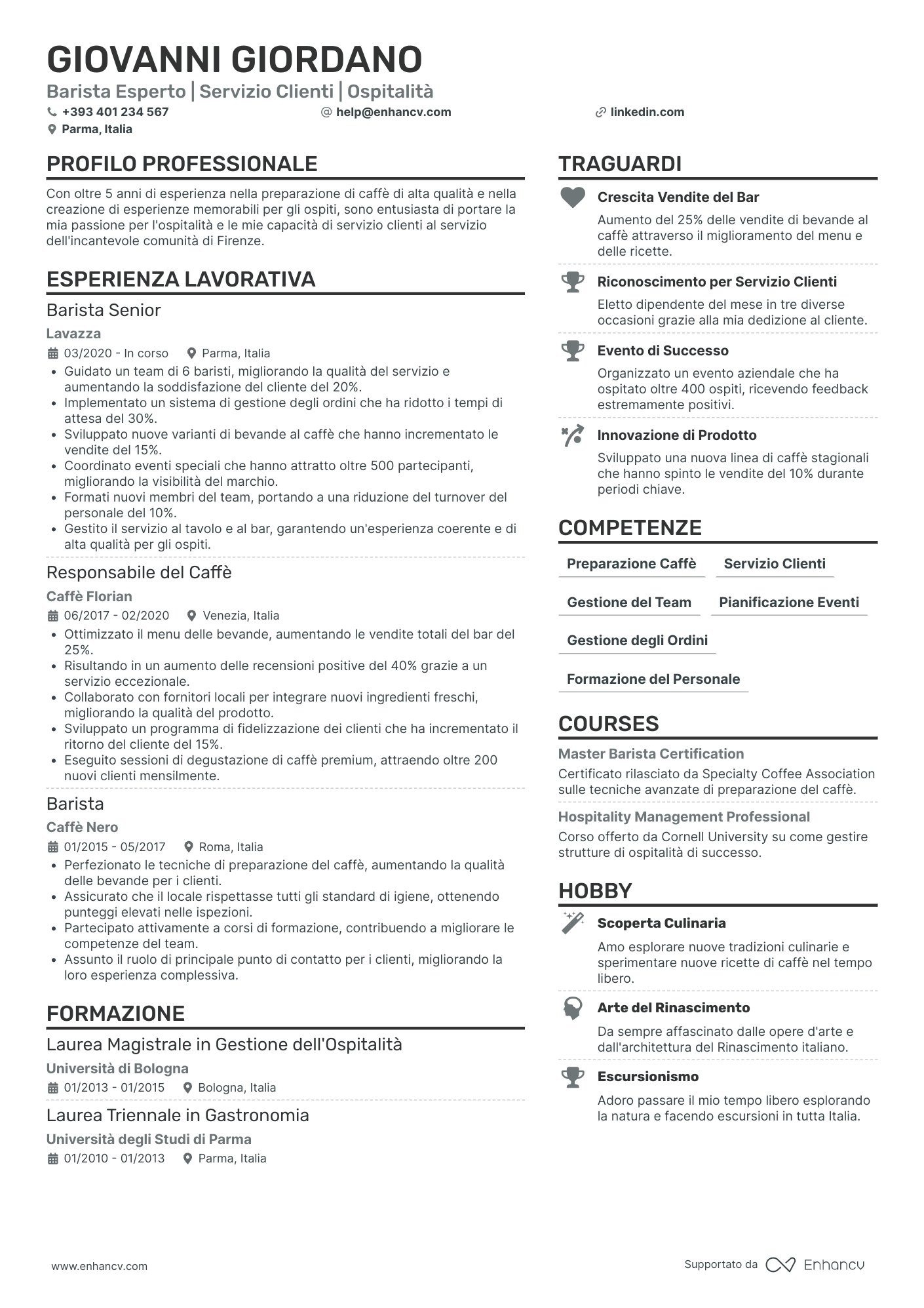 Curriculum di Barista Prima Esperienza