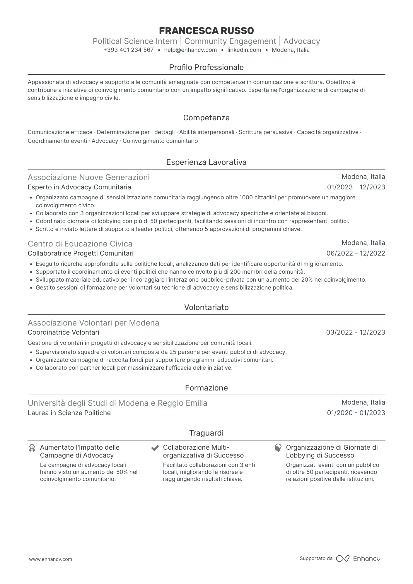 Curriculum di Tirocinio Universitario in Scienze Politiche