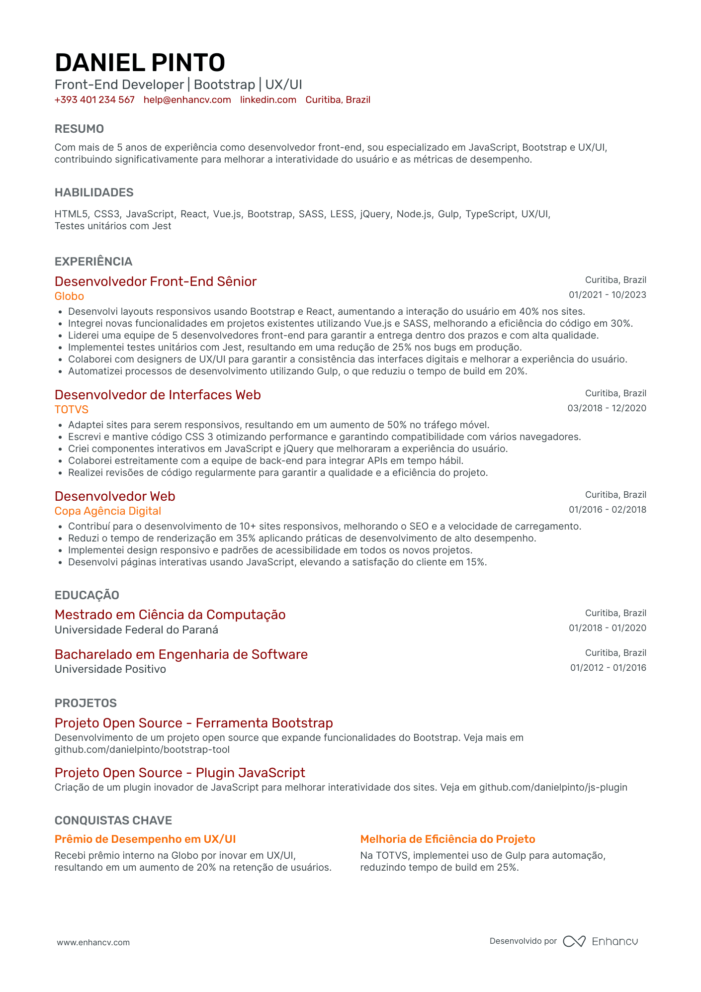 Currículo de Desenvolvedor Front End para Fintechs