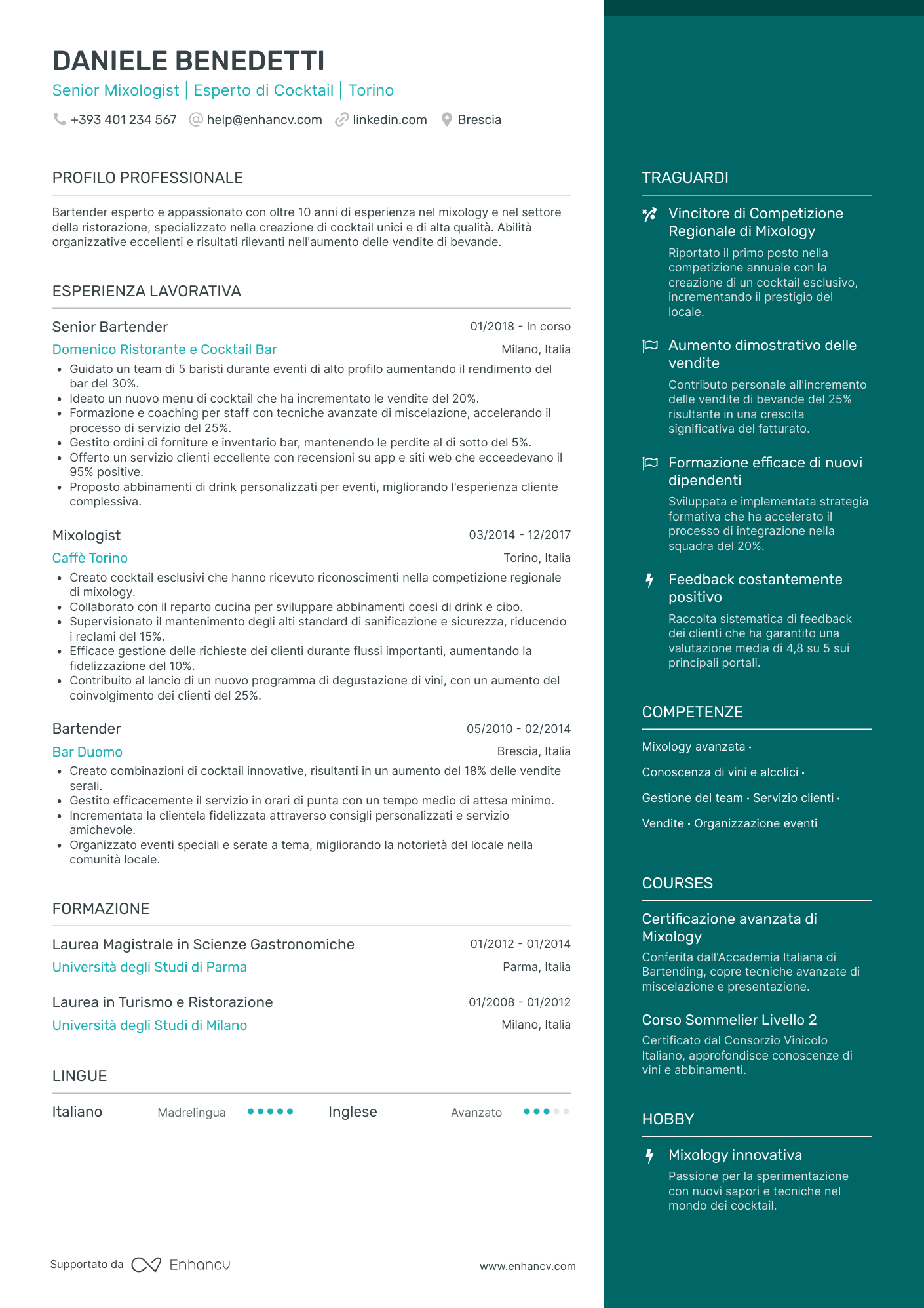 Curriculum di Barista Senior