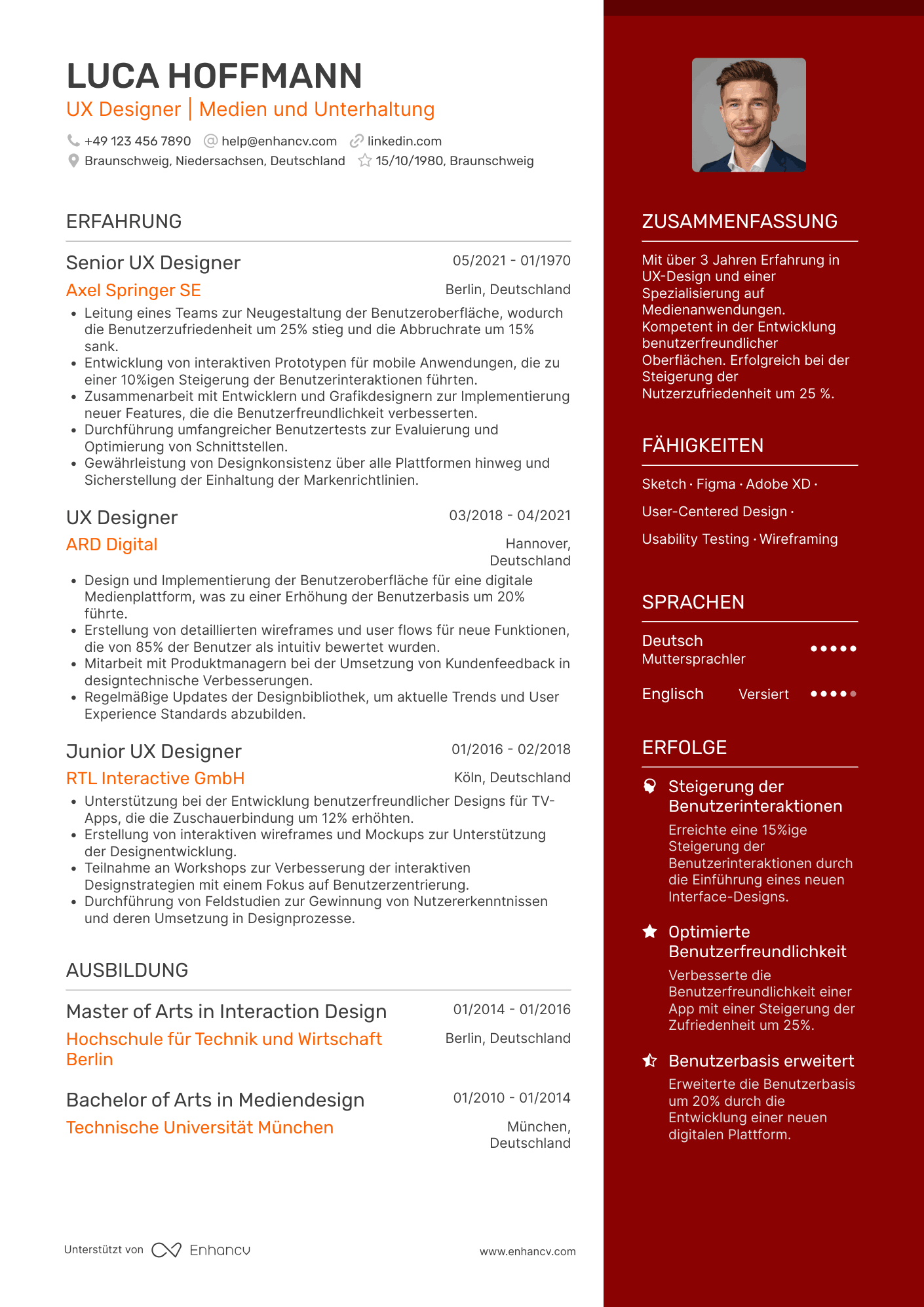 Lebenslauf in UX Designer für Medien und Unterhaltung