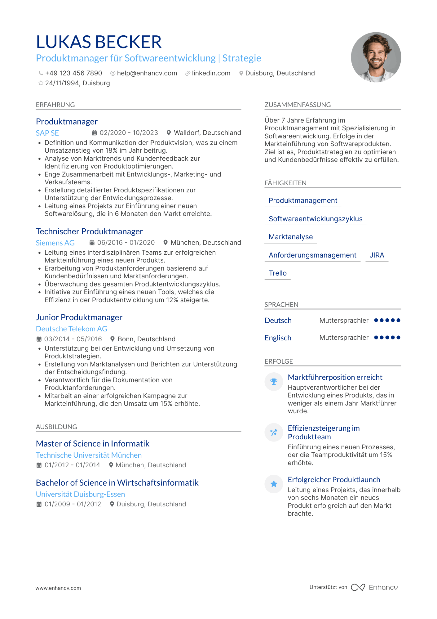 Lebenslauf als Produktmanager für Softwareentwicklung