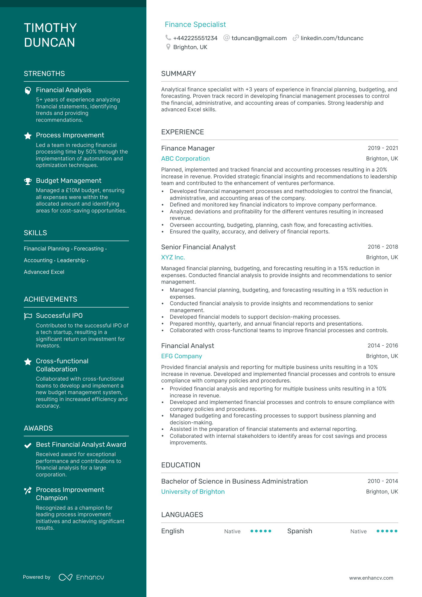 Finance Specialist CV example