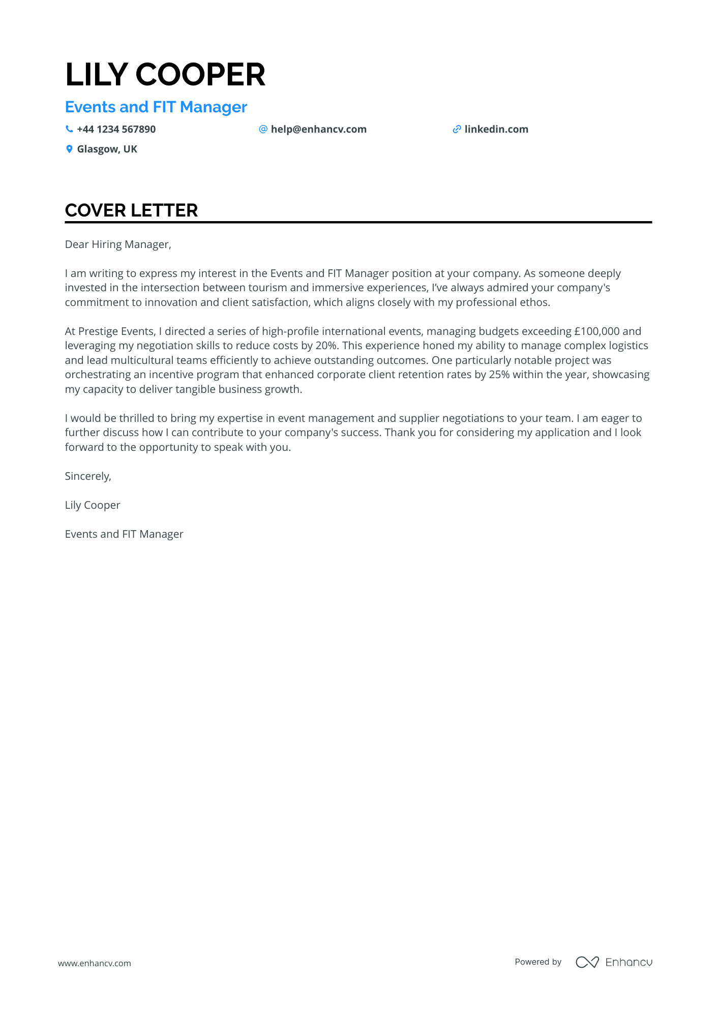 Events Manager Cover letter