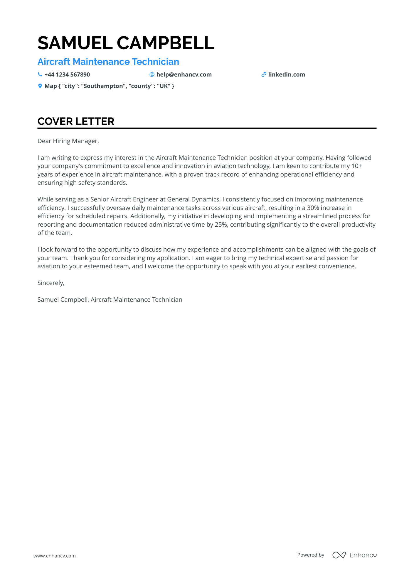 Maintenance Technician Cover letter