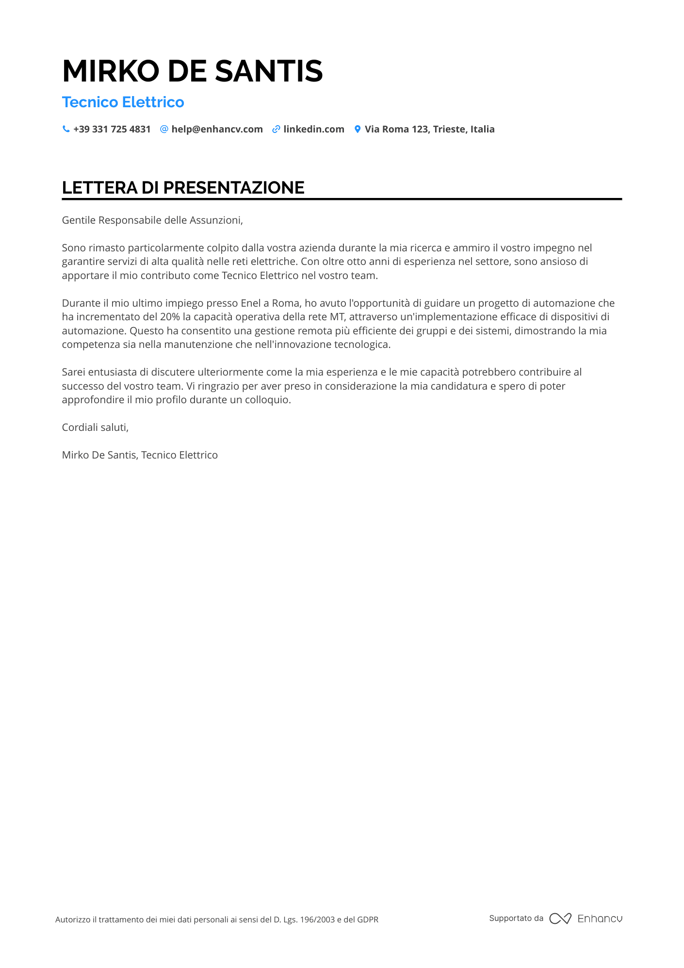 Elettricista Cover letter