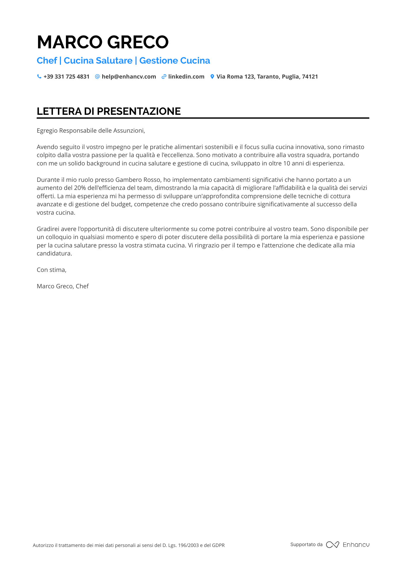 Chef Cover letter