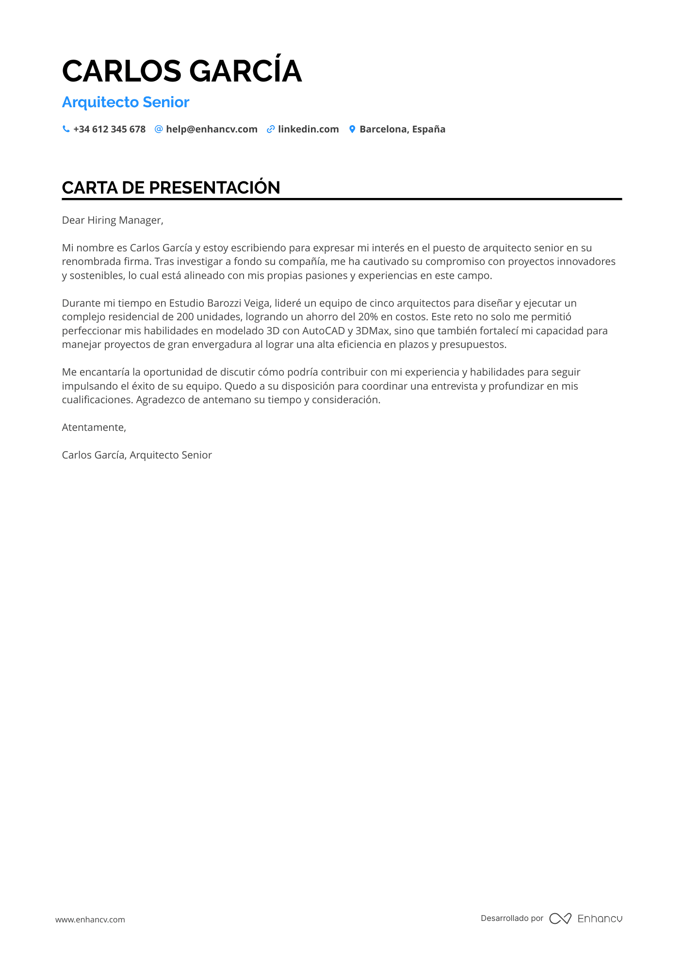 Arquitecto Cover letter
