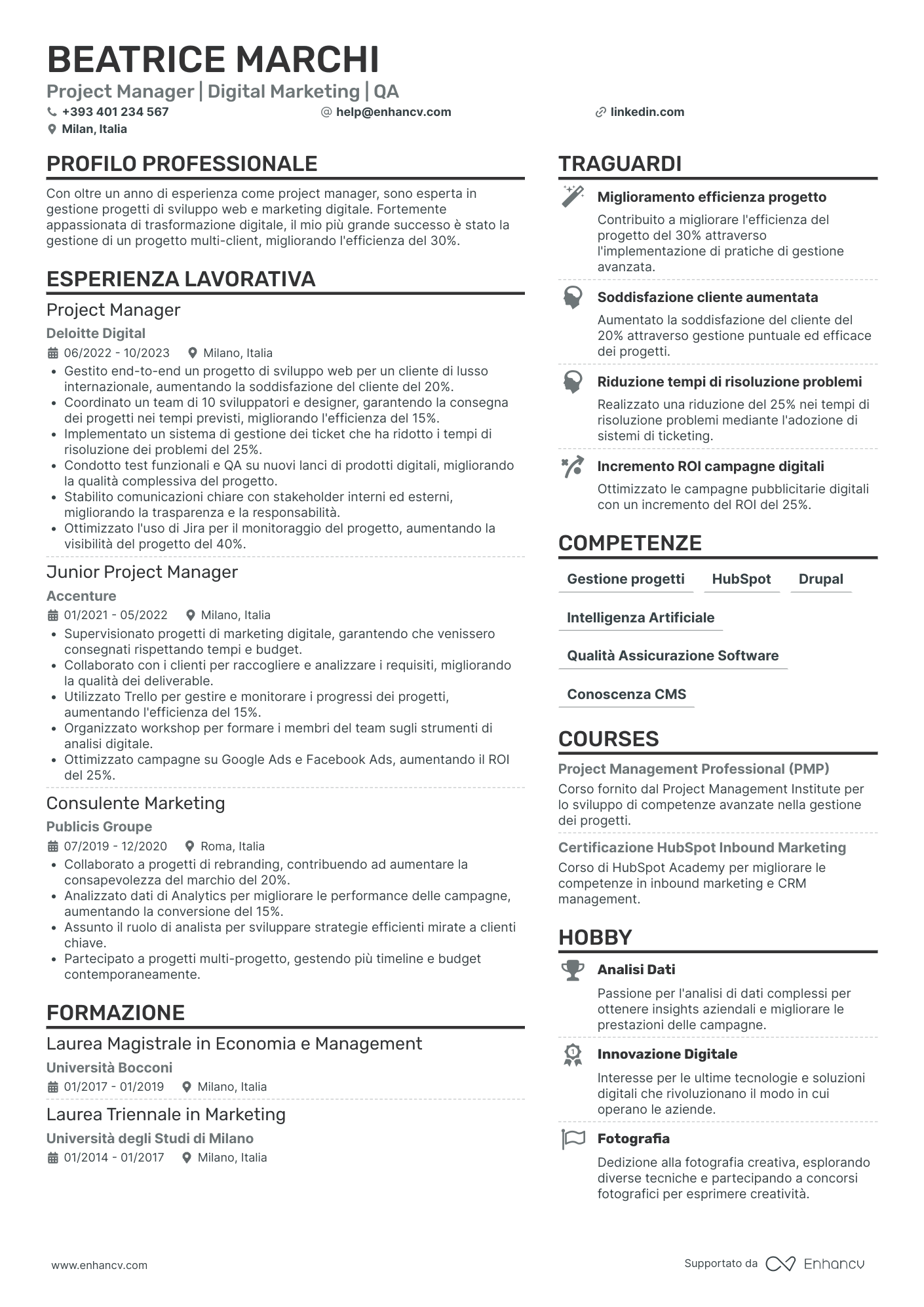Curriculum di Project Manager di Marketing Digitale Resume Example