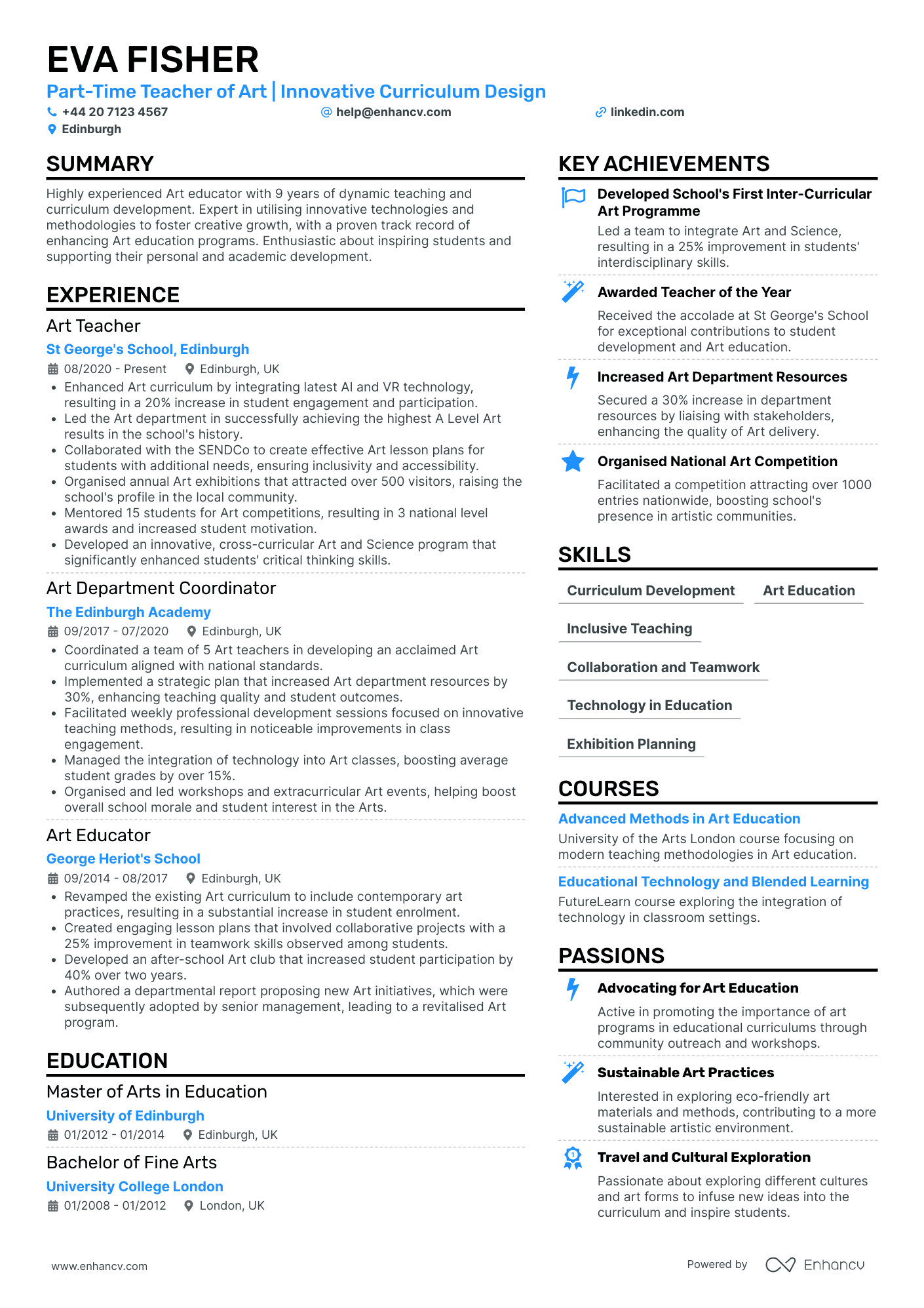 Entry Level Art Teacher Resume Example
