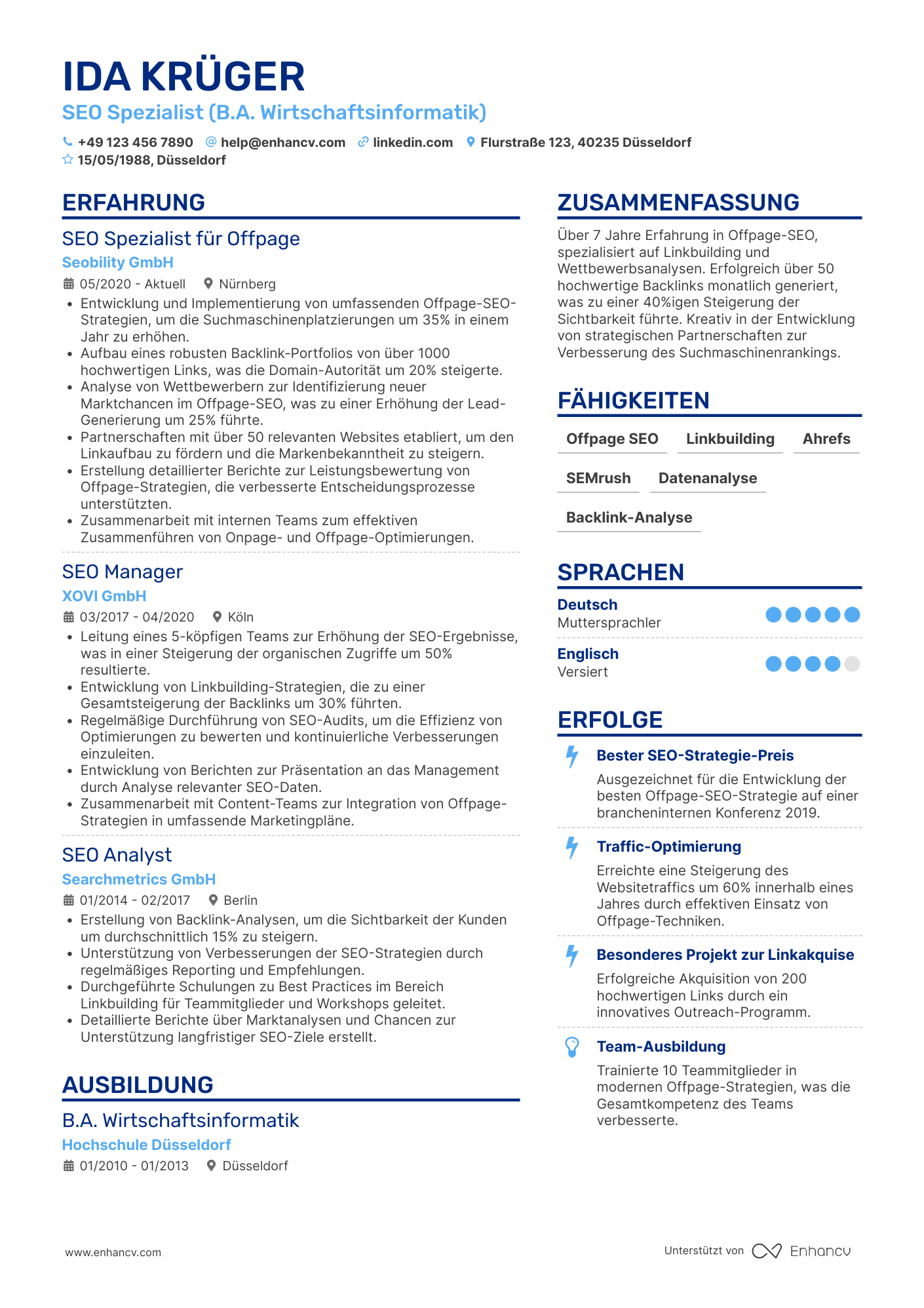 Lebenslauf als SEO Spezialist für Offpage Optimierung Resume Example