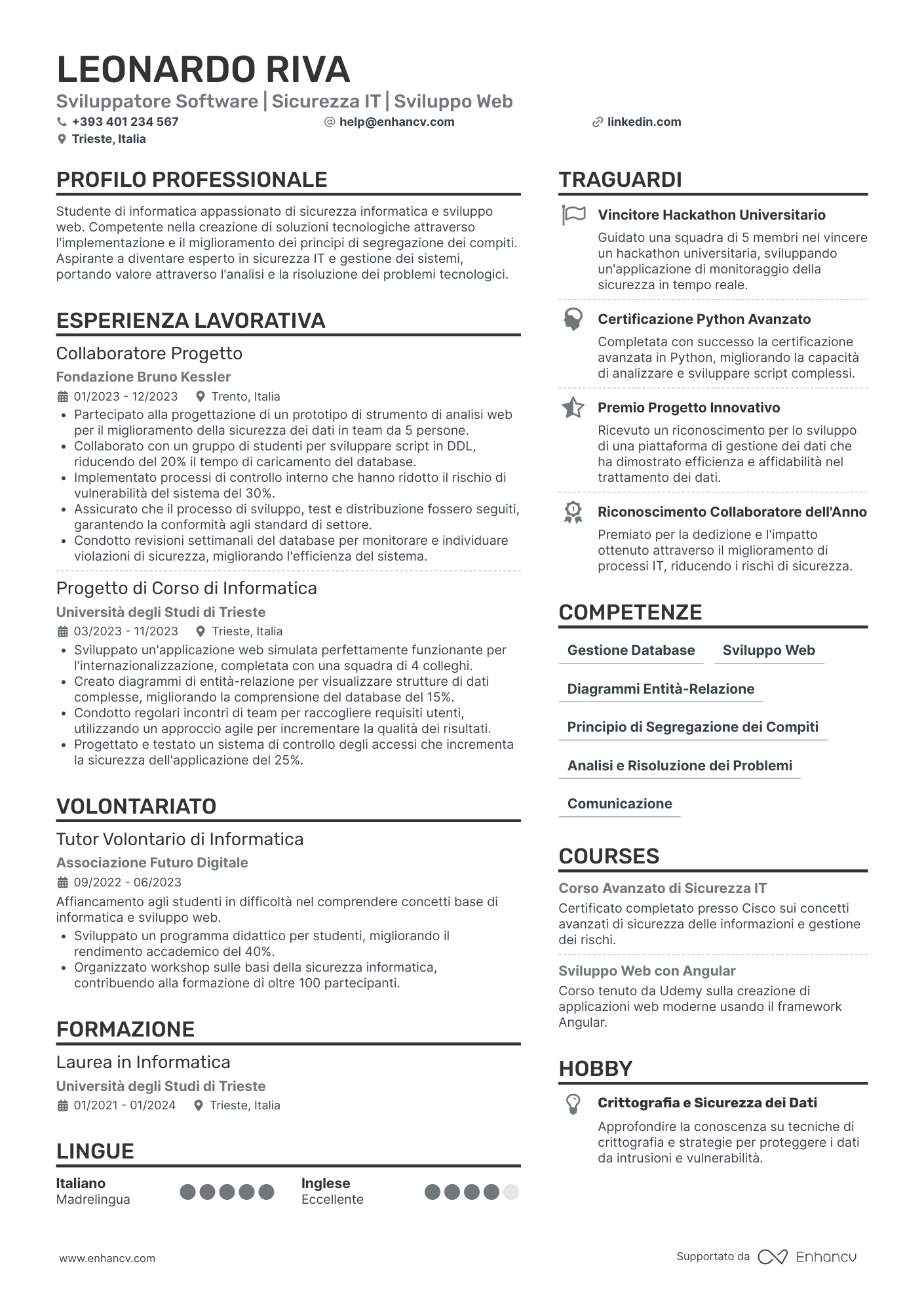 Curriculum di Tirocinio Universitario in Informatica Resume Example