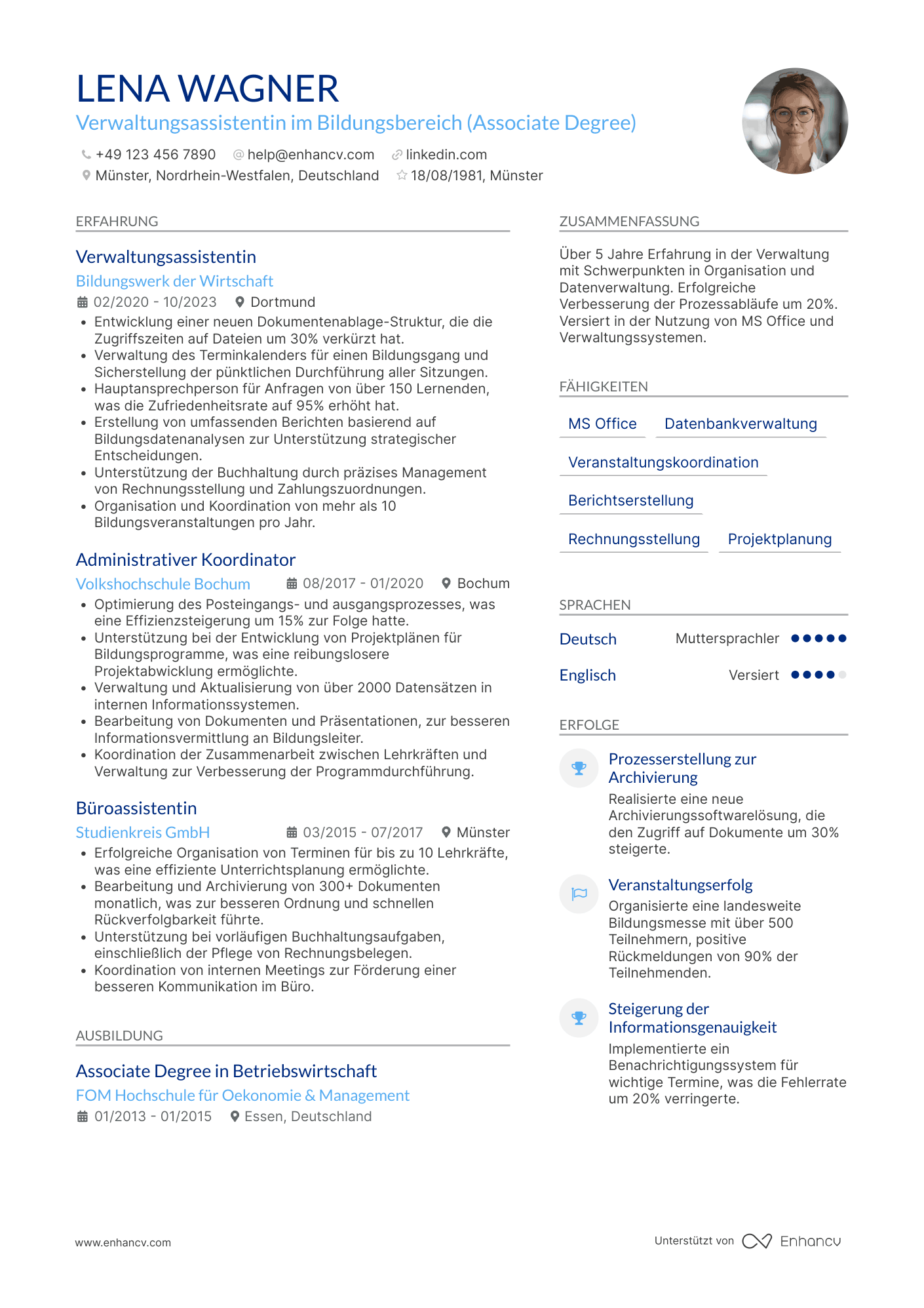 Lebenslauf in Verwaltungsassistent im Bildungsbereich Resume Example