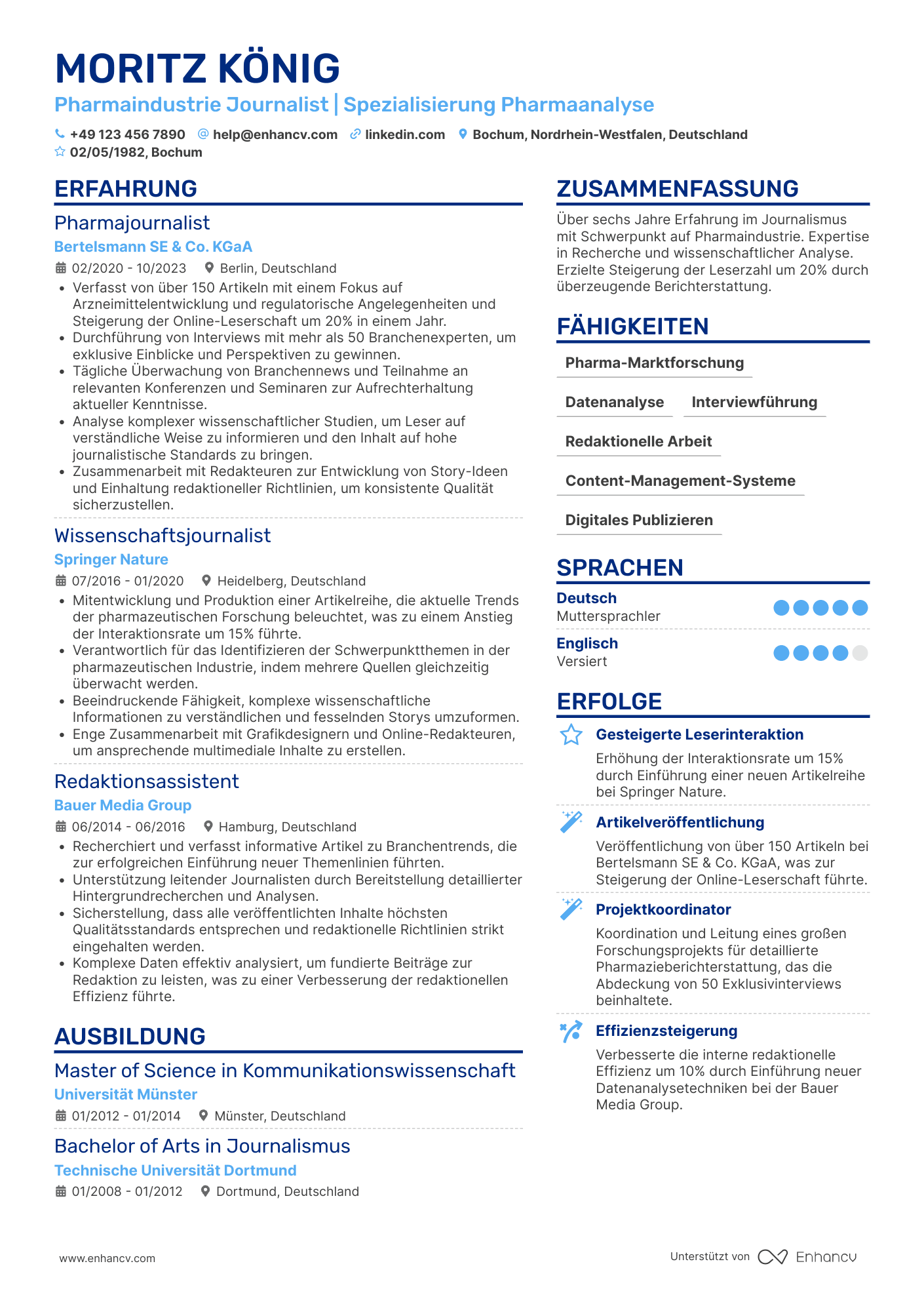 Lebenslauf in Pharmaindustrie Journalist Resume Example