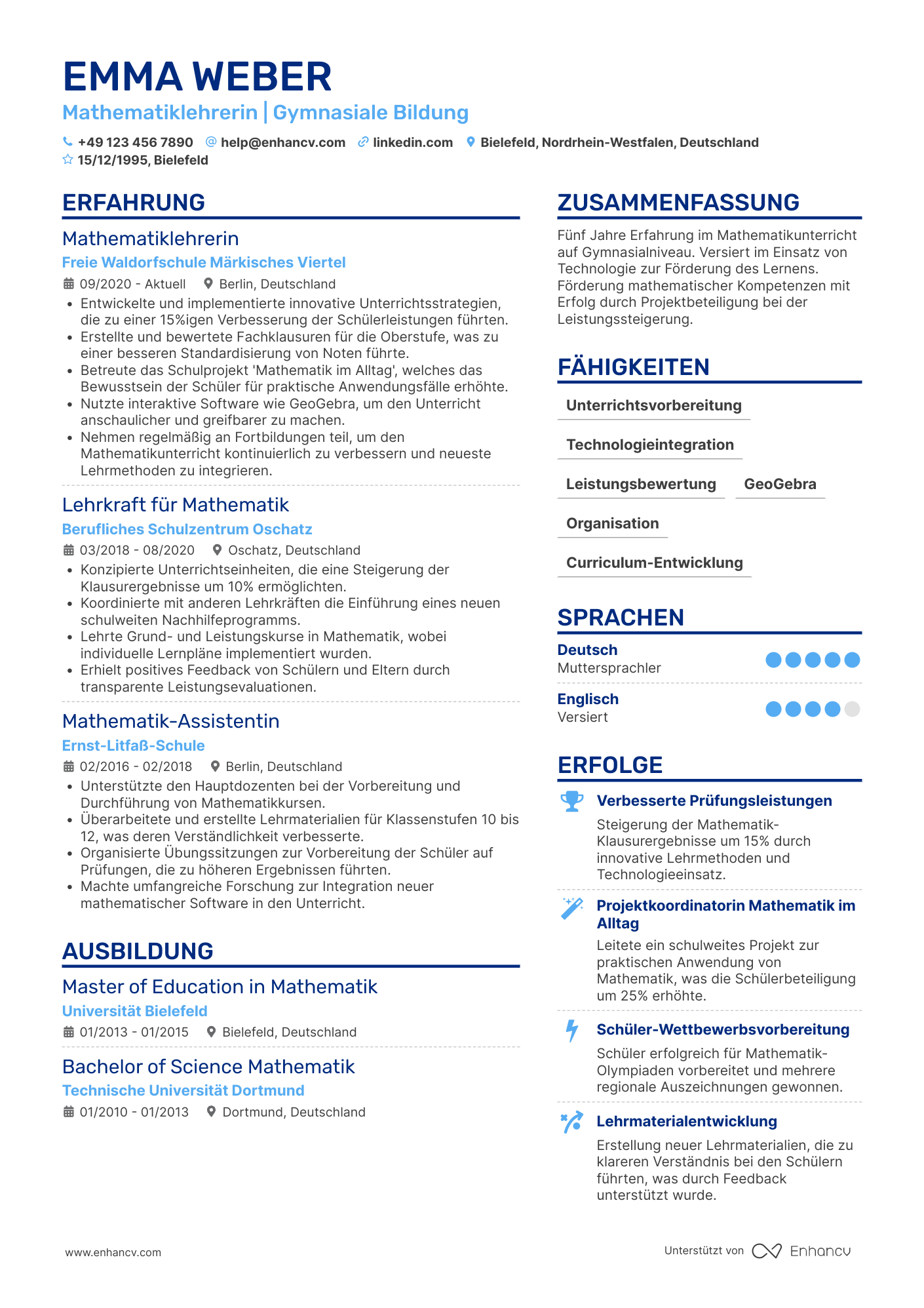 Lebenslauf als Mathematiklehrer Resume Example