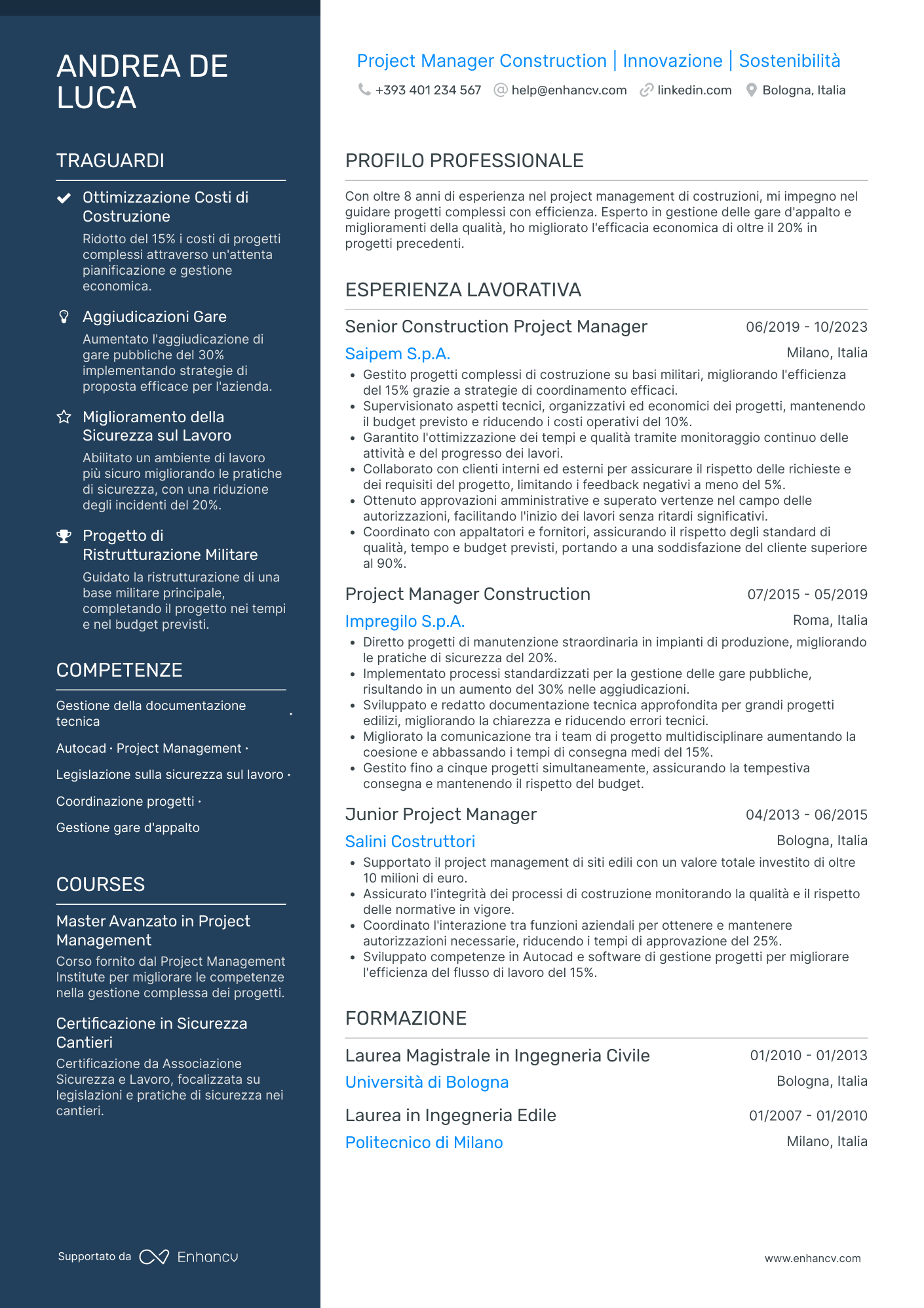 Curriculum di Responsabile Progetto di Costruzione Resume Example