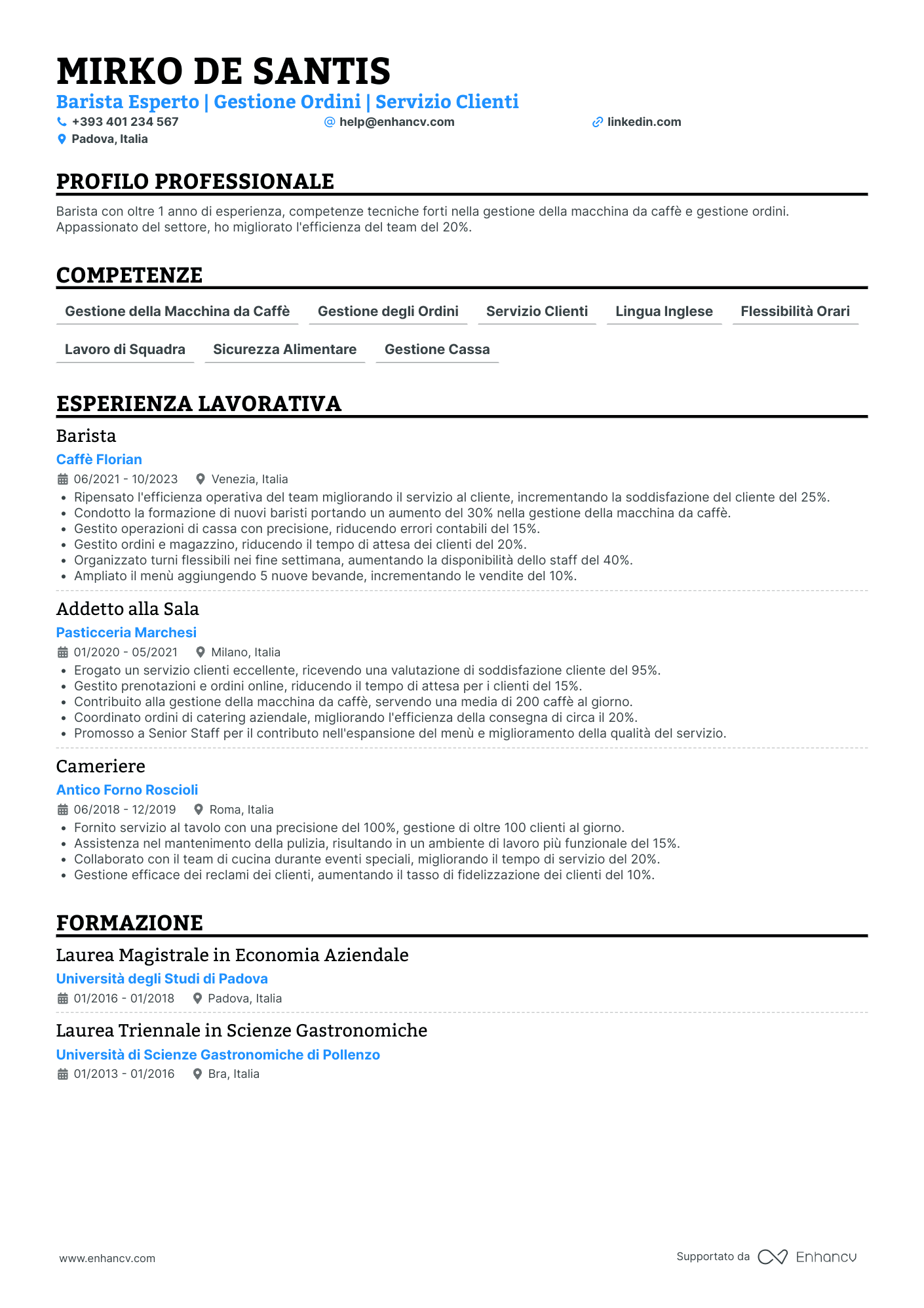 Curriculum di Barista di Panetteria Resume Example