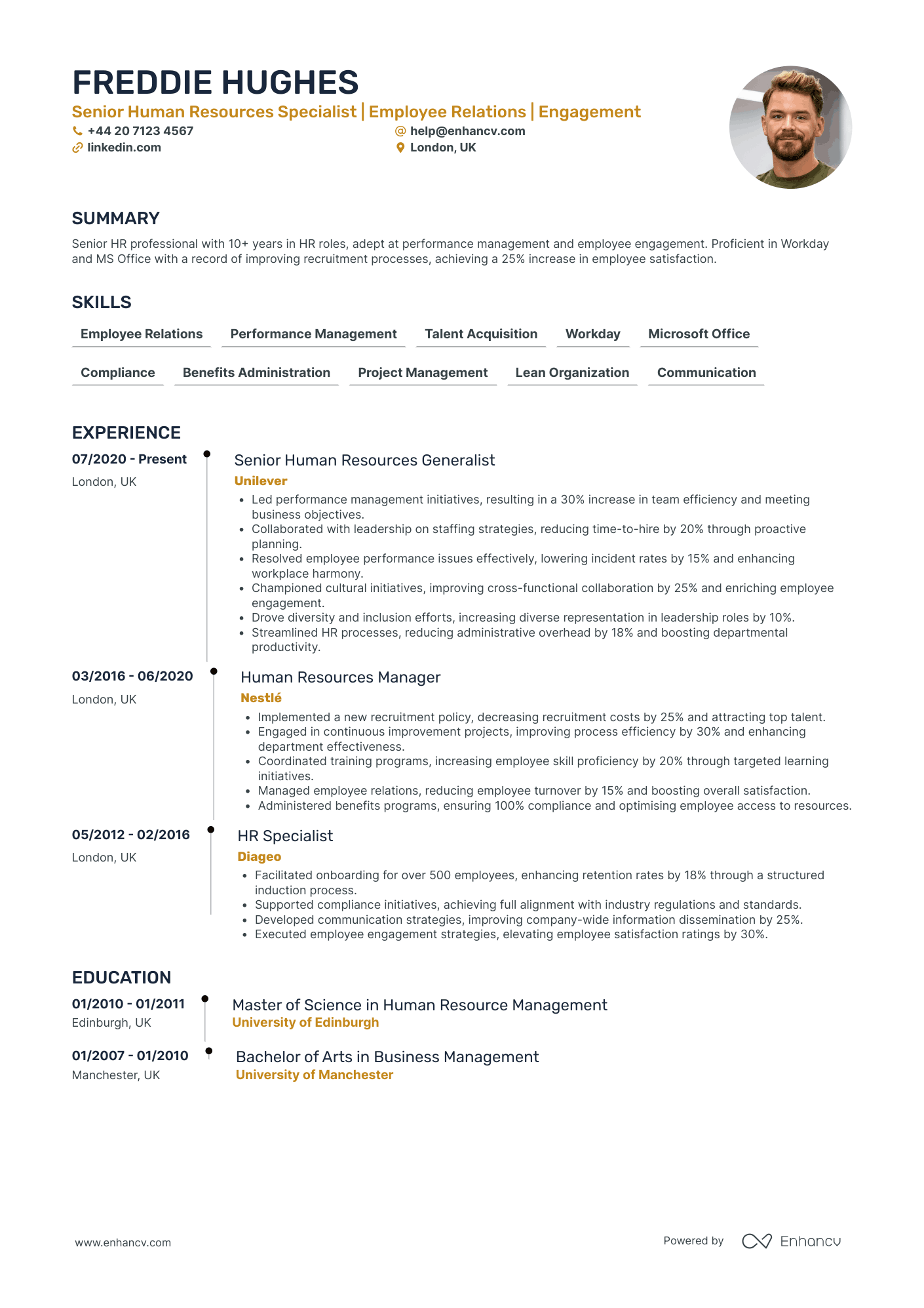 HR Generalist in Manufacturing Resume Example