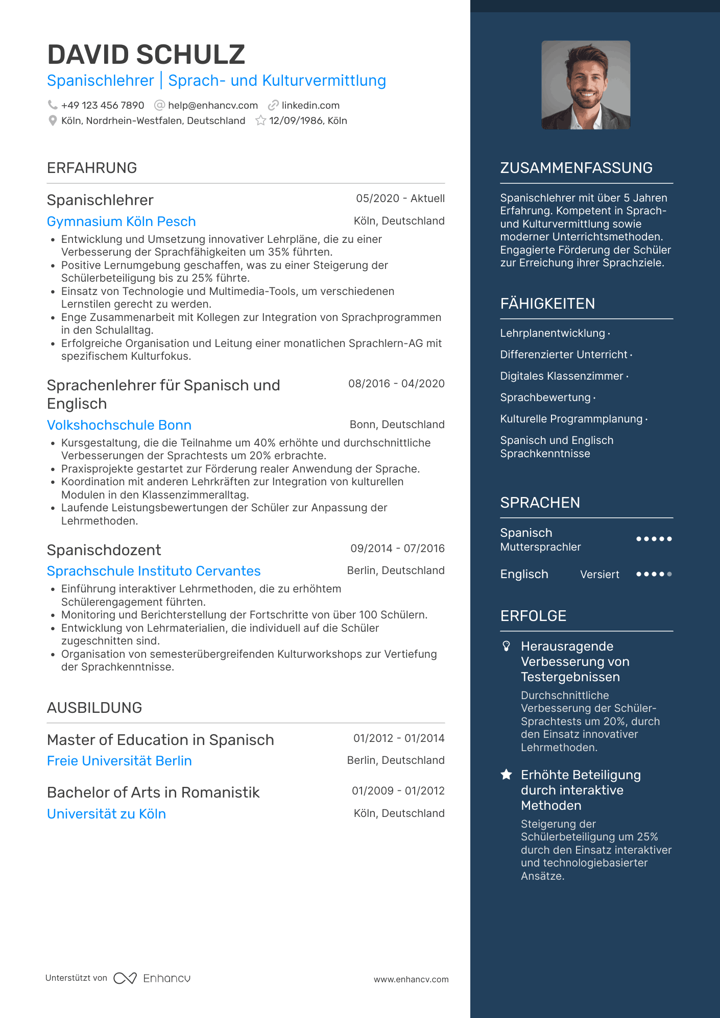 Lebenslauf als Spanischlehrer Resume Example