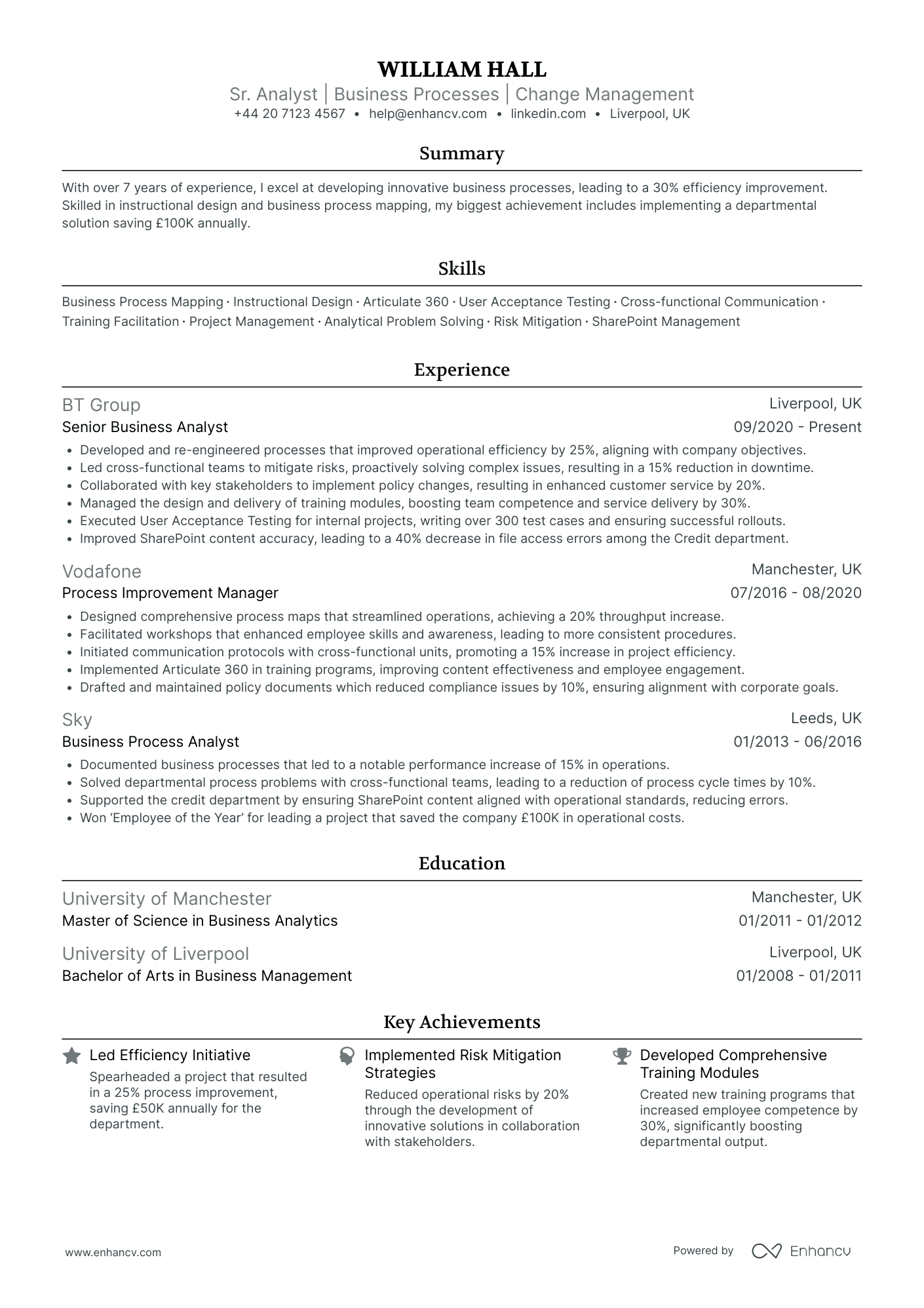 Senior Business Process Analyst Resume Example