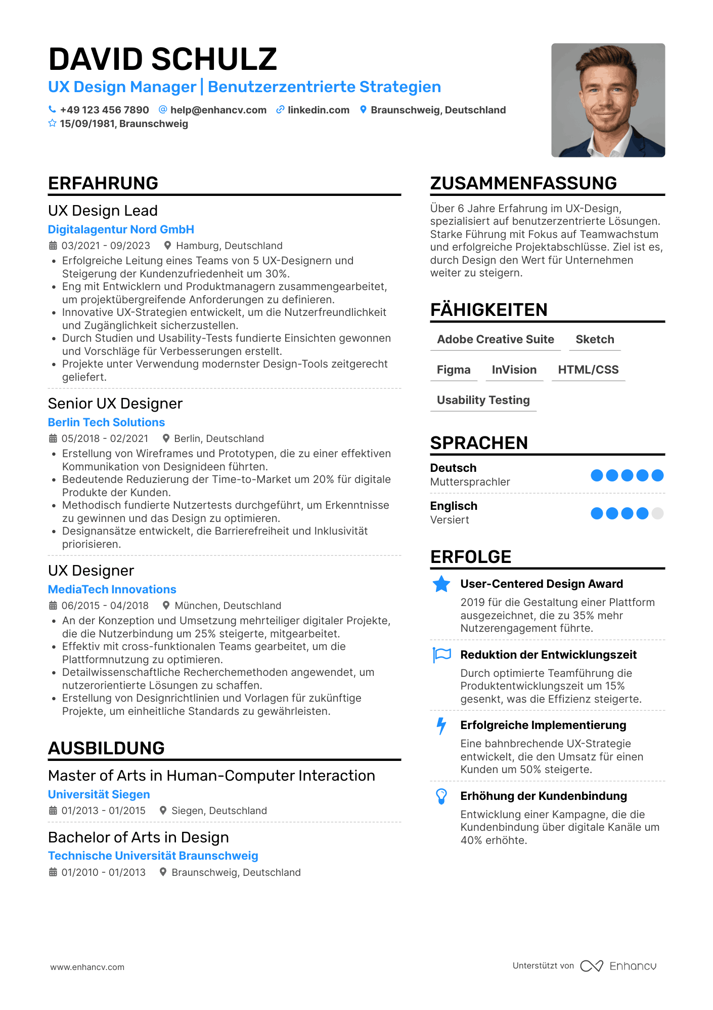 Lebenslauf als UX Design Manager Resume Example
