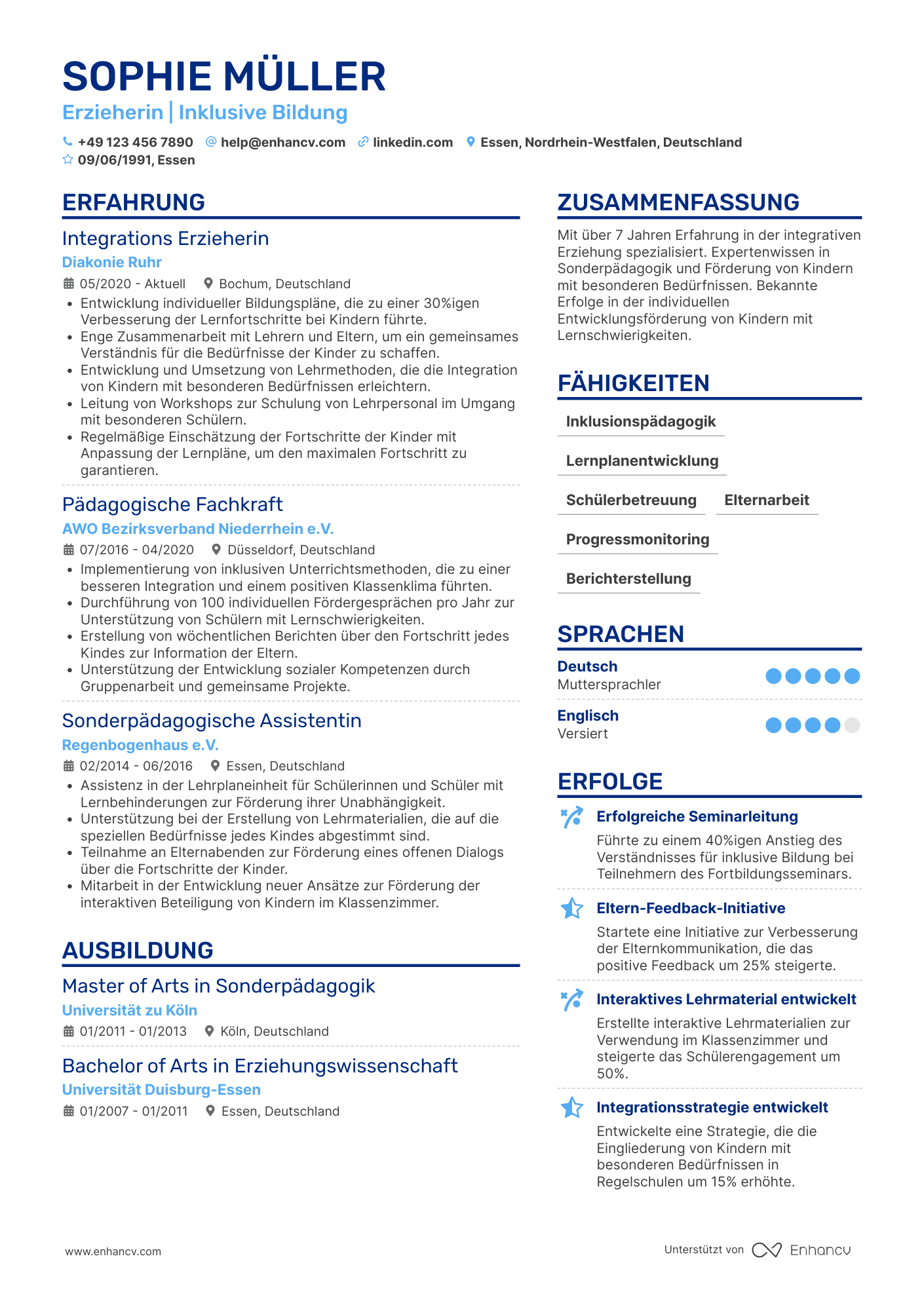 Lebenslauf als Integrations Erzieherin Resume Example