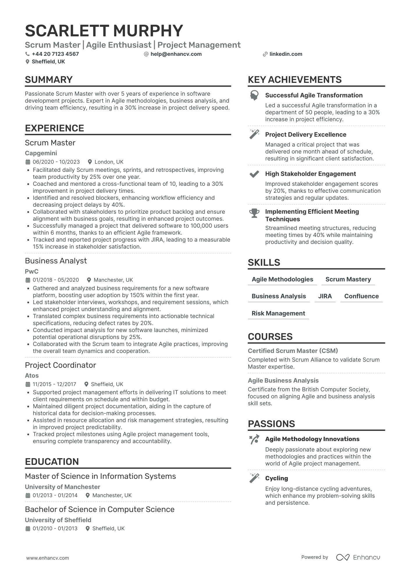 Scrum Master Coordinator Resume Example