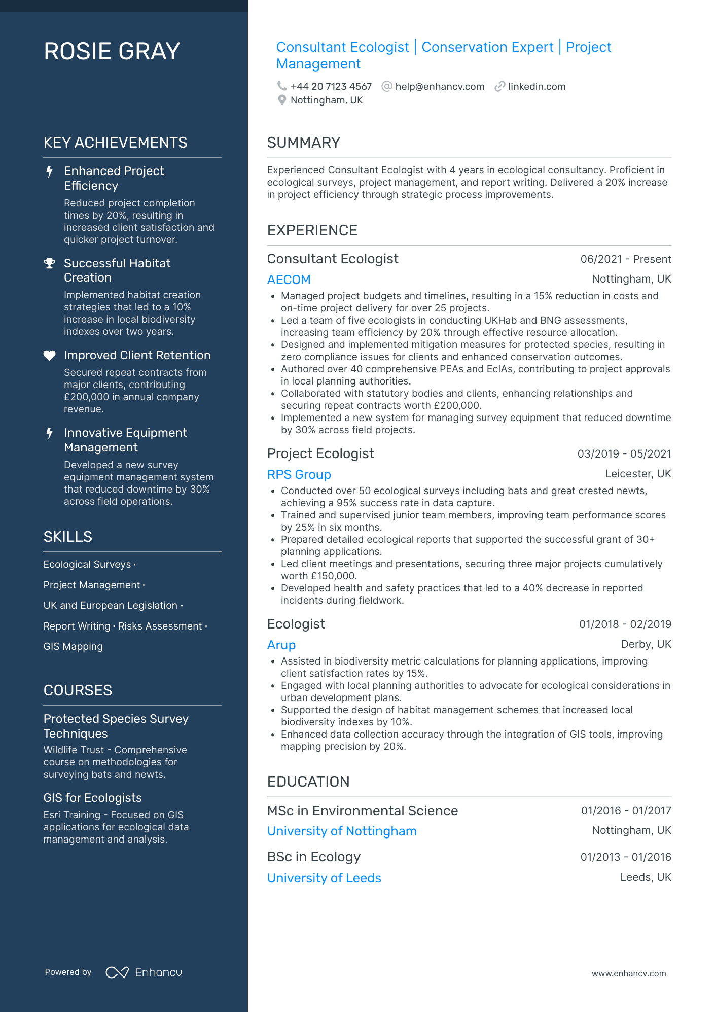 Environmental Consultant in Conservation Resume Example