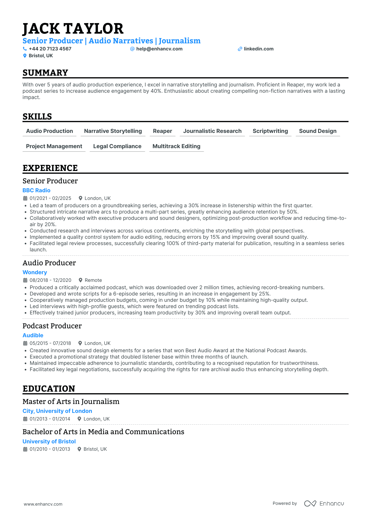 Sound Designer for Podcasts Resume Example