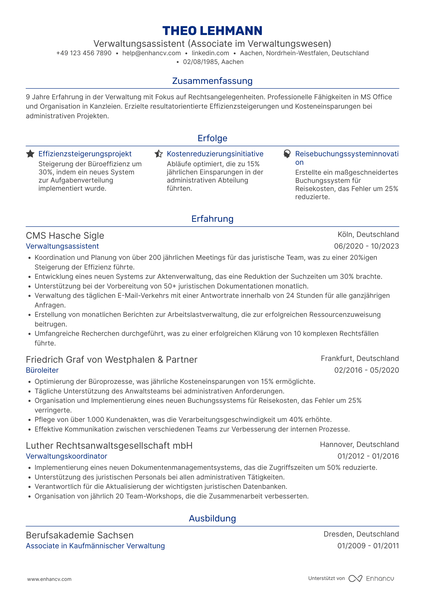 Lebenslauf als Verwaltungsassistent für Rechtsangelegenheiten Resume Example