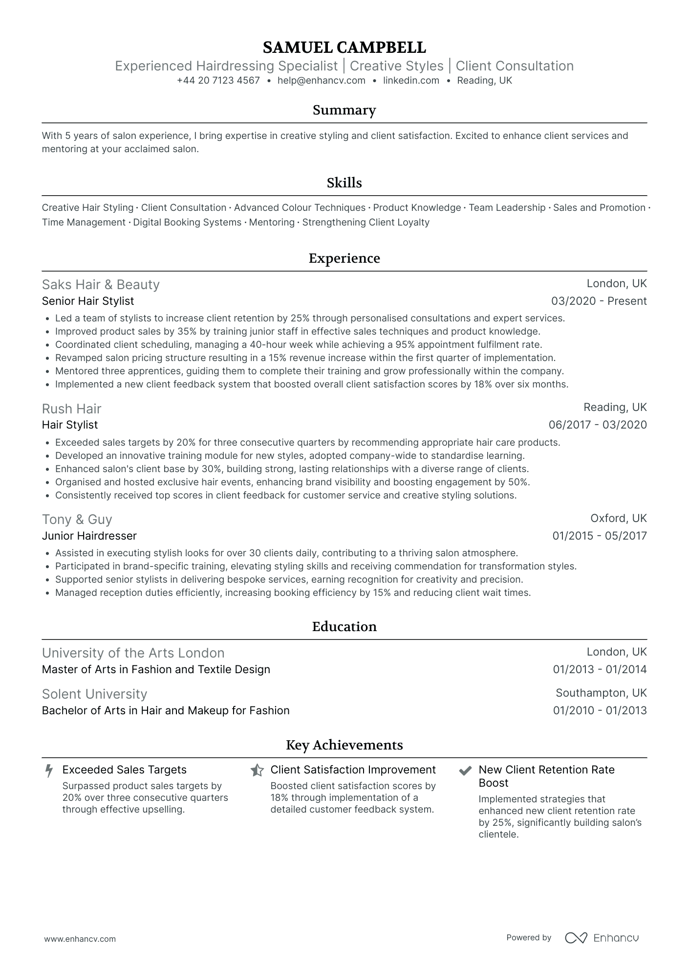Film and TV Hairdresser Resume Example