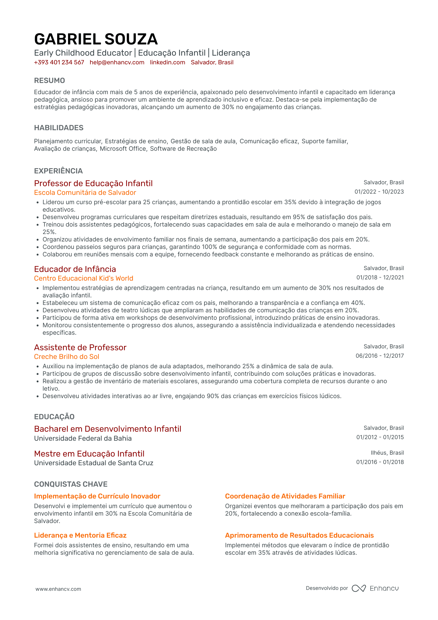 Currículo de Professor Infantil de Educação Ambiental Resume Example