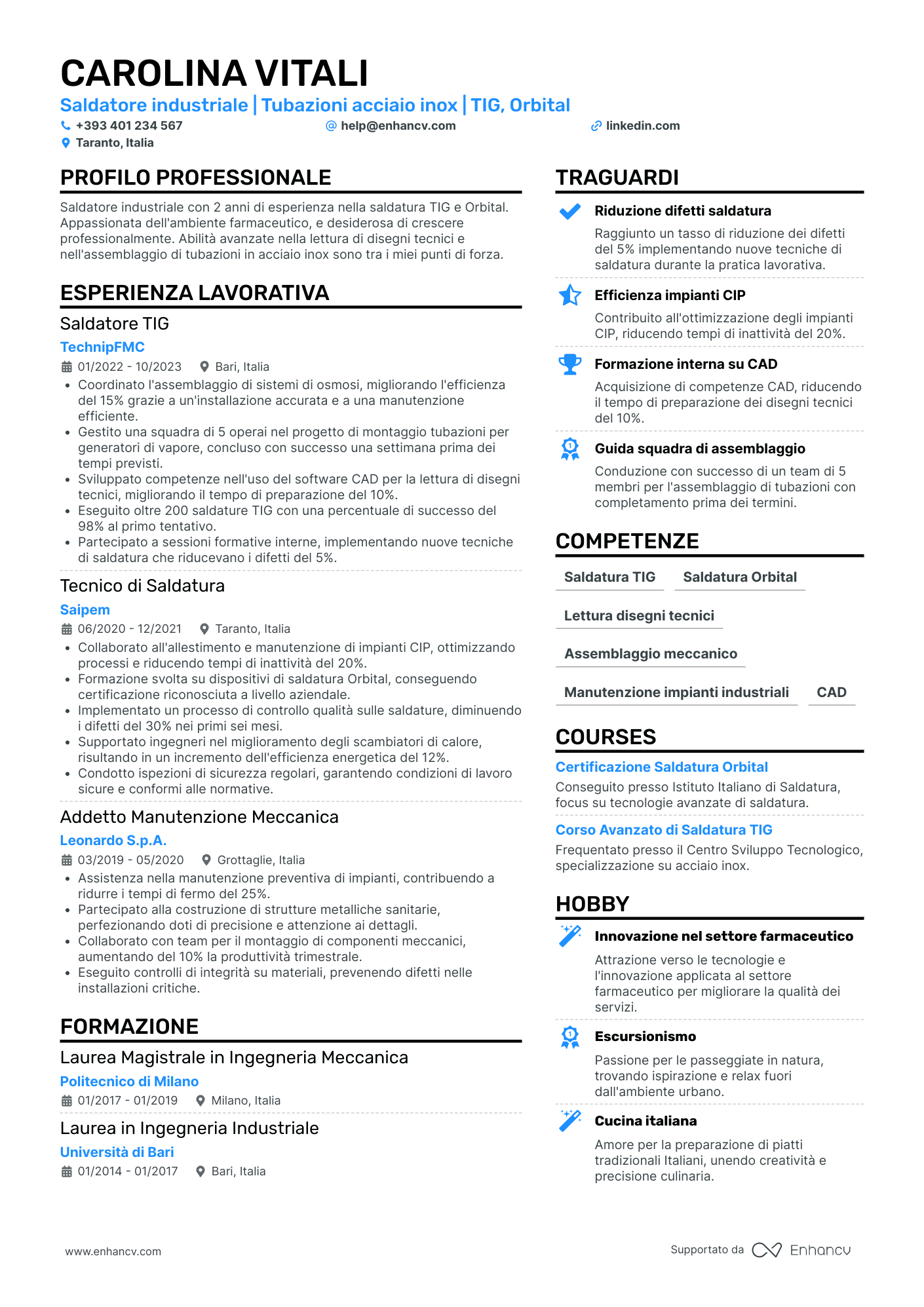 Curriculum di Saldatore di Tubazioni Industriali Resume Example