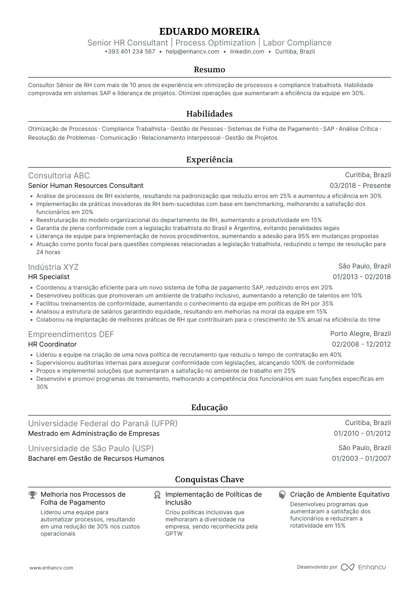 Currículo de RH Sênior Resume Example