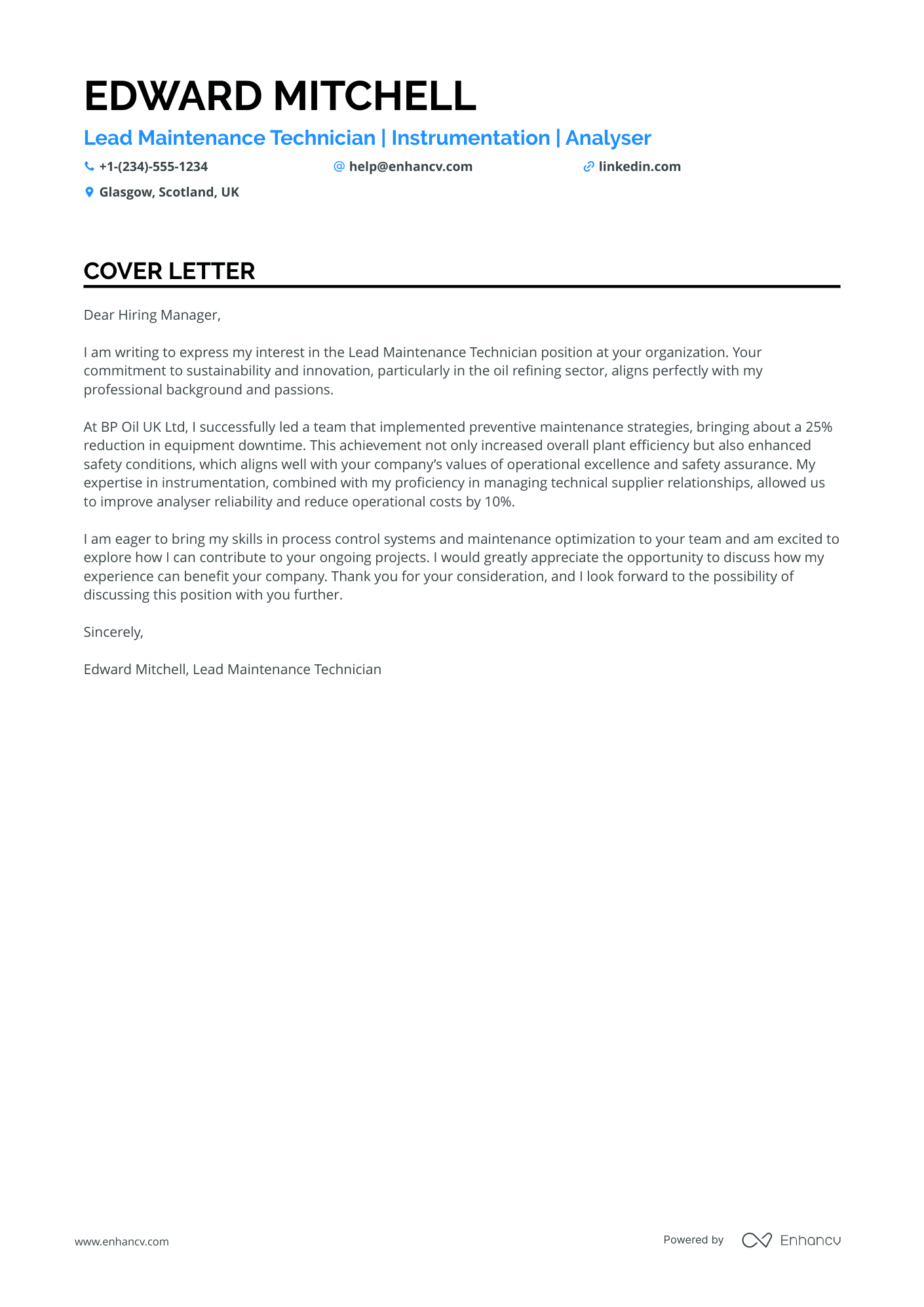 Lead Maintenance Technician Resume Example