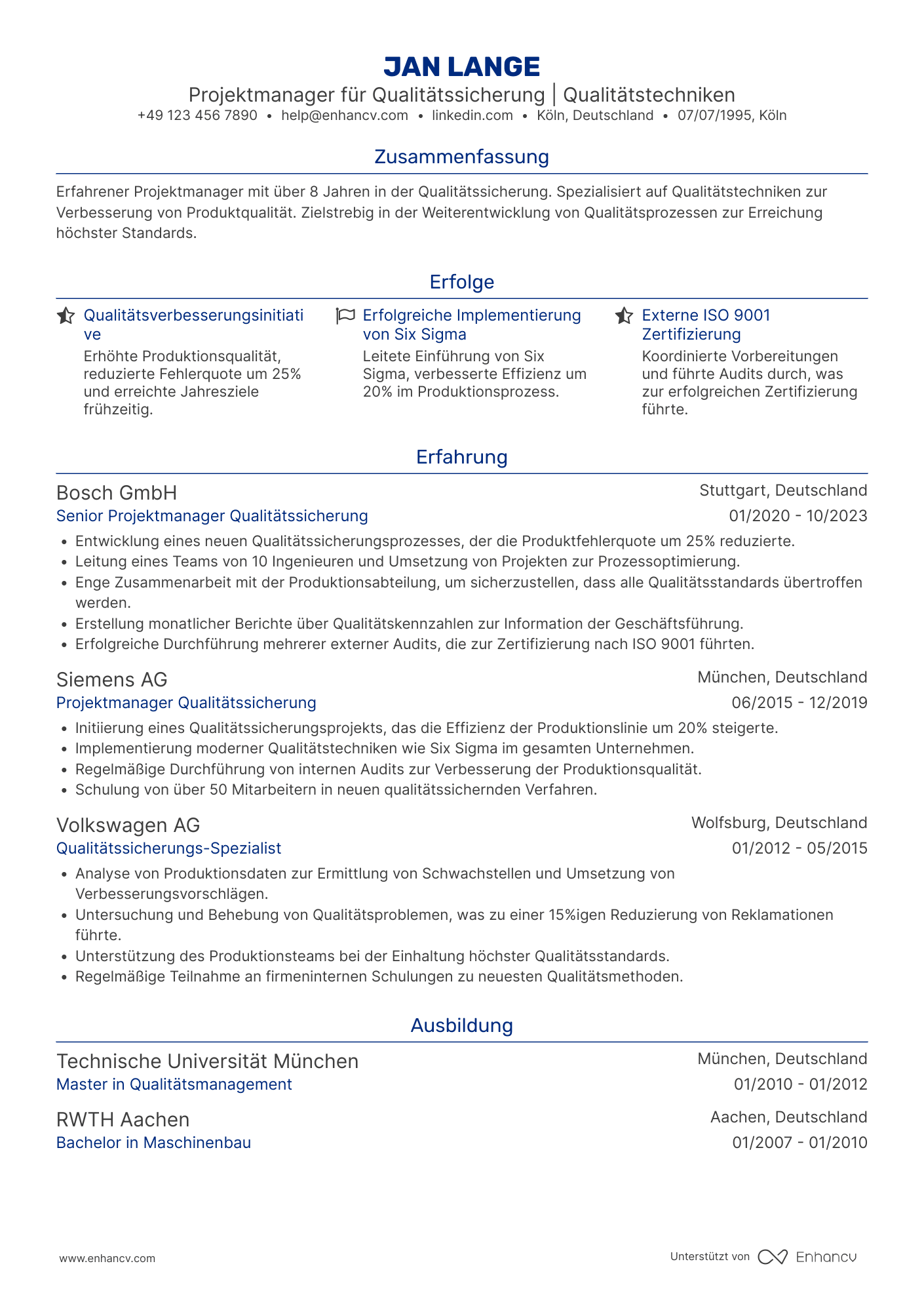Lebenslauf als Projektmanager für Qualitätssicherung Resume Example