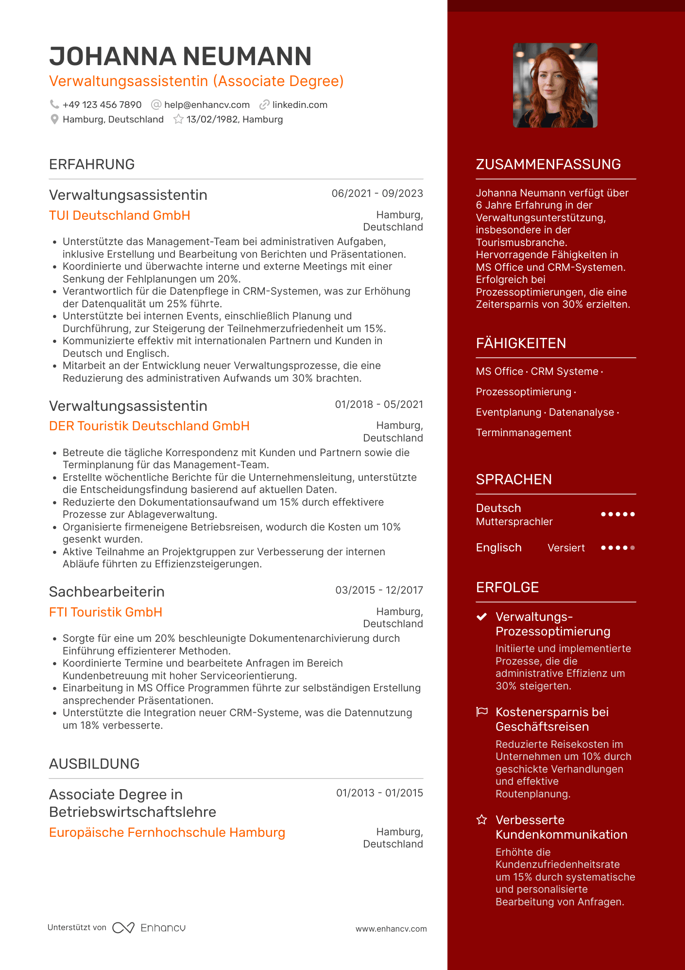 Lebenslauf in Verwaltungsassistent in der Tourismusbranche Resume Example