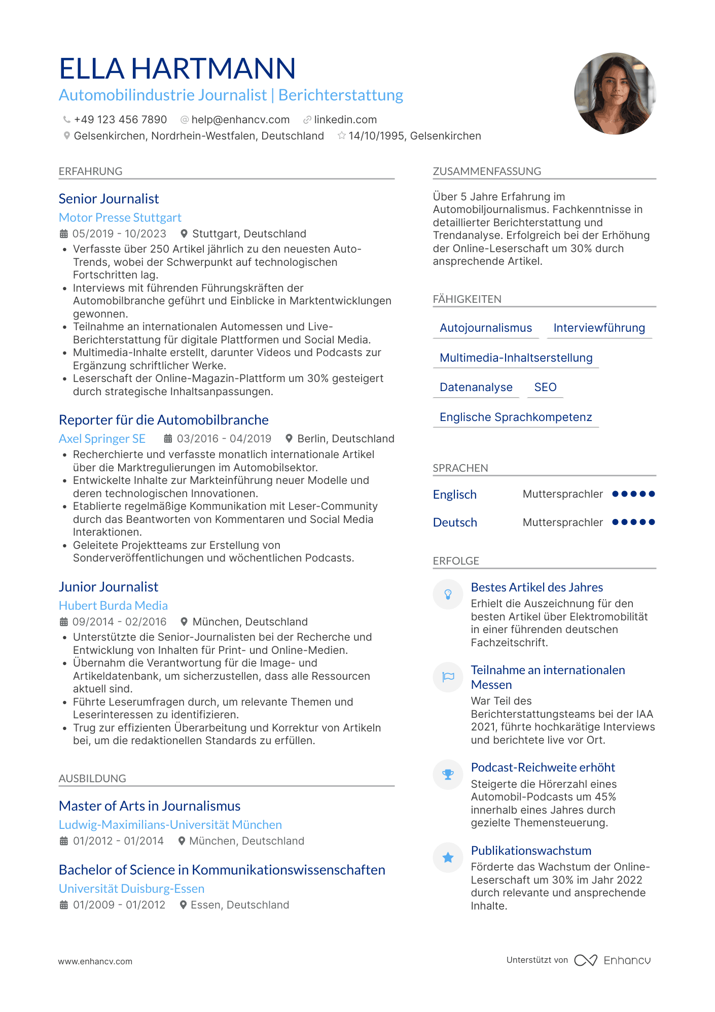 Lebenslauf in Automobilindustrie Journalist Resume Example