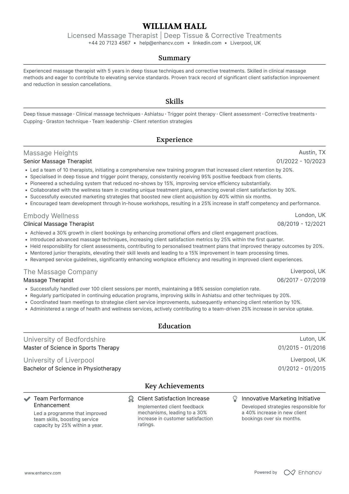 Deep Tissue Massage Therapist Resume Example