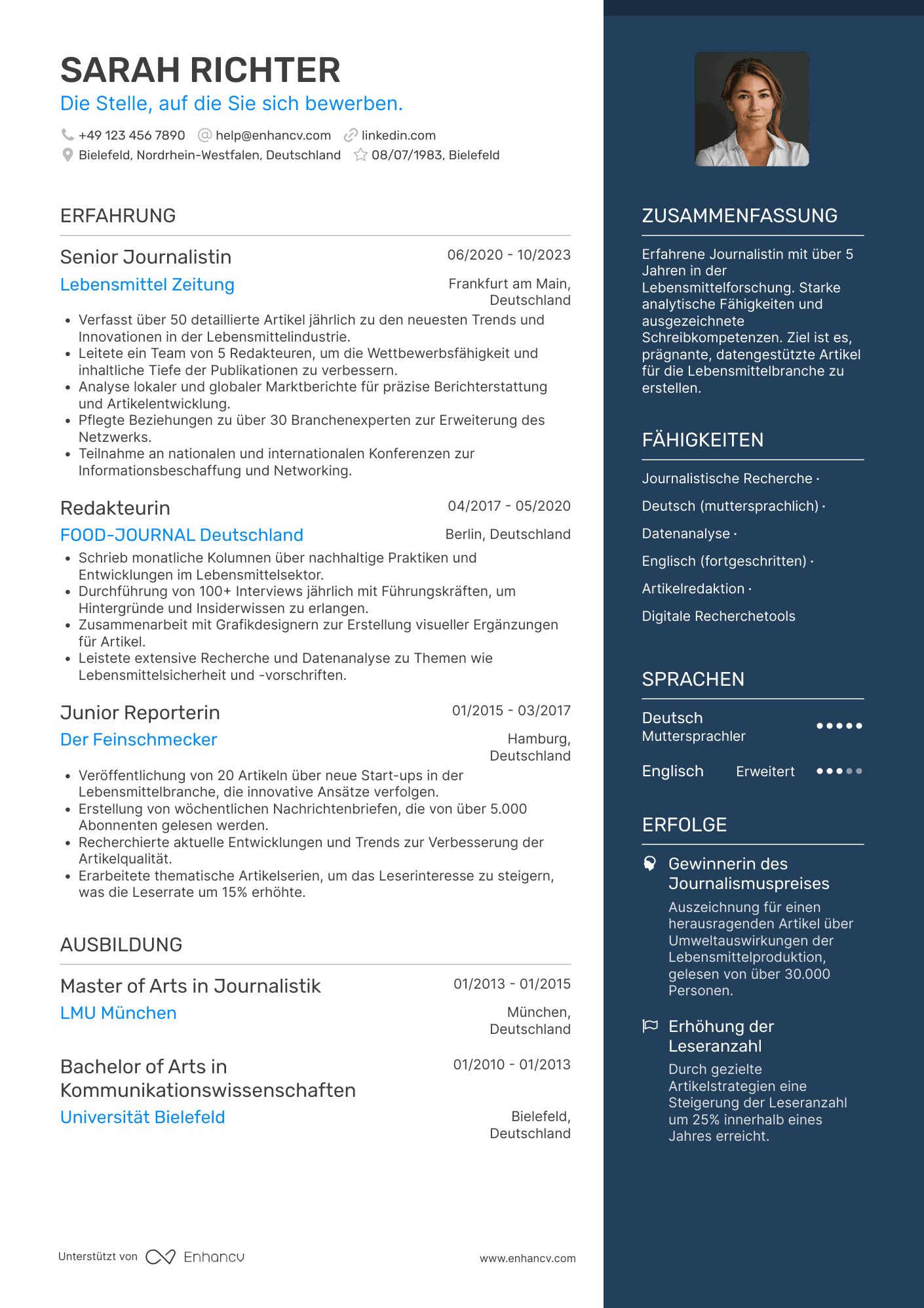 Lebenslauf in Lebensmittelindustrie Journalist Resume Example