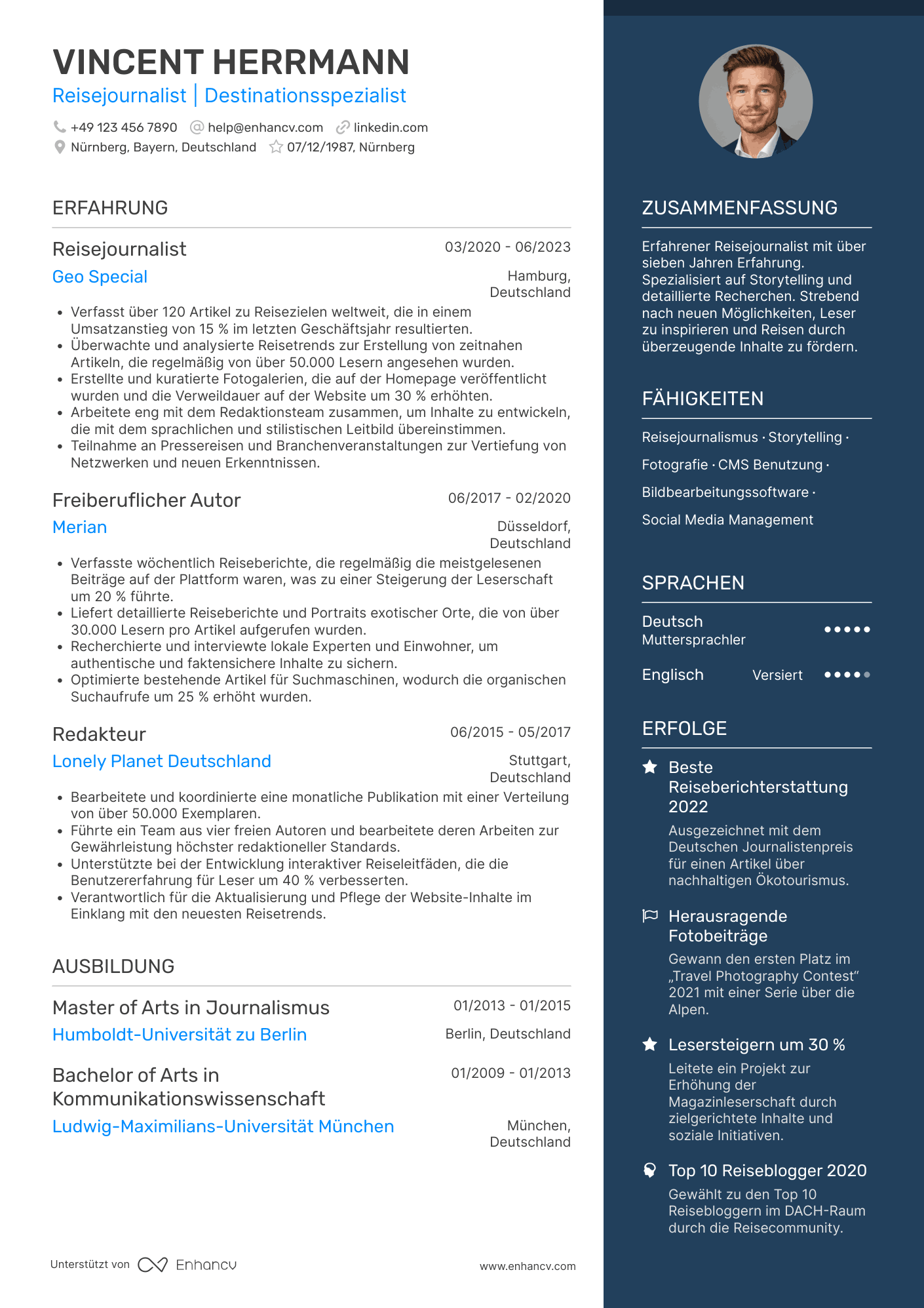 Lebenslauf als Reisejournalist Resume Example