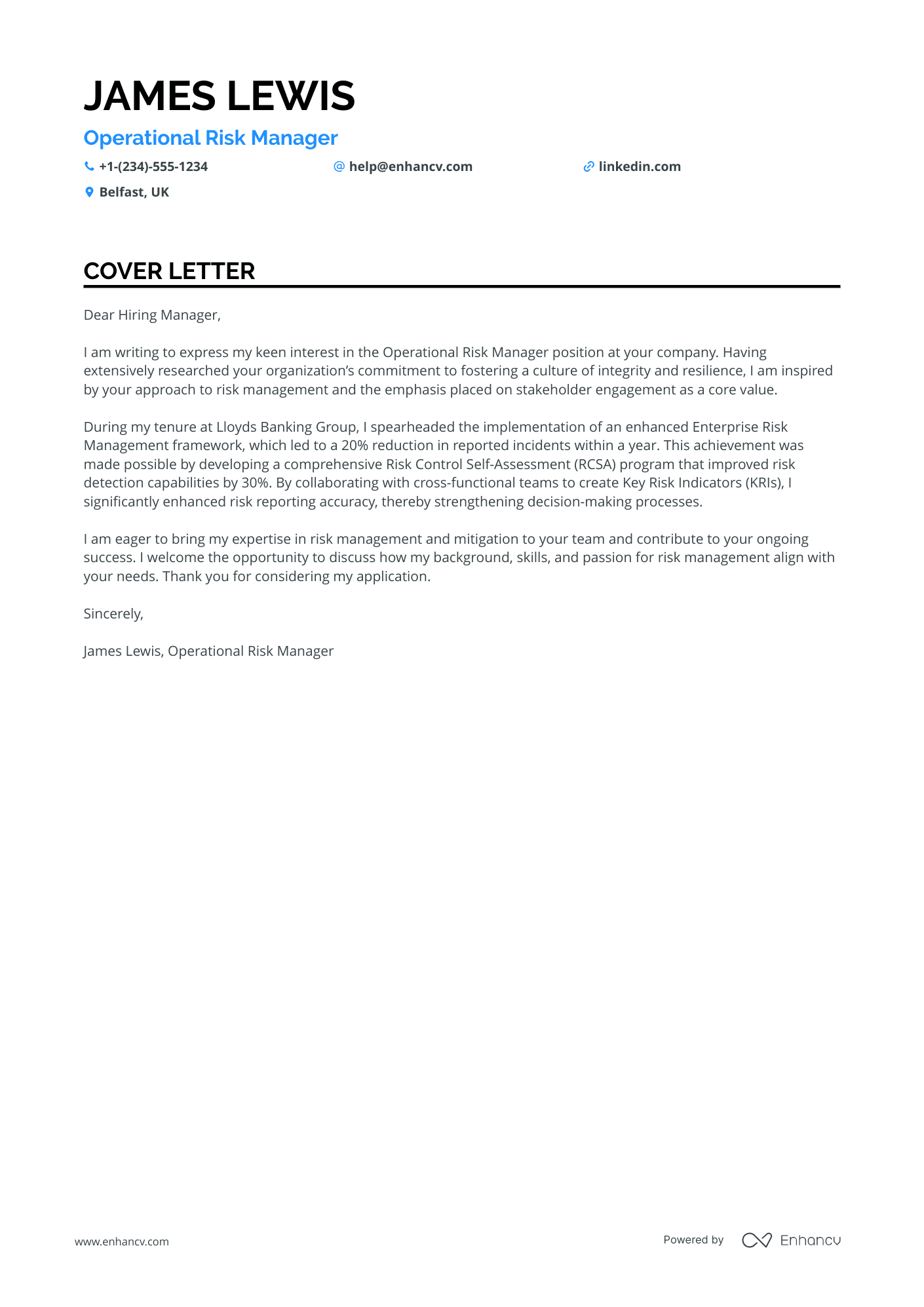 Operational Risk Manager Resume Example