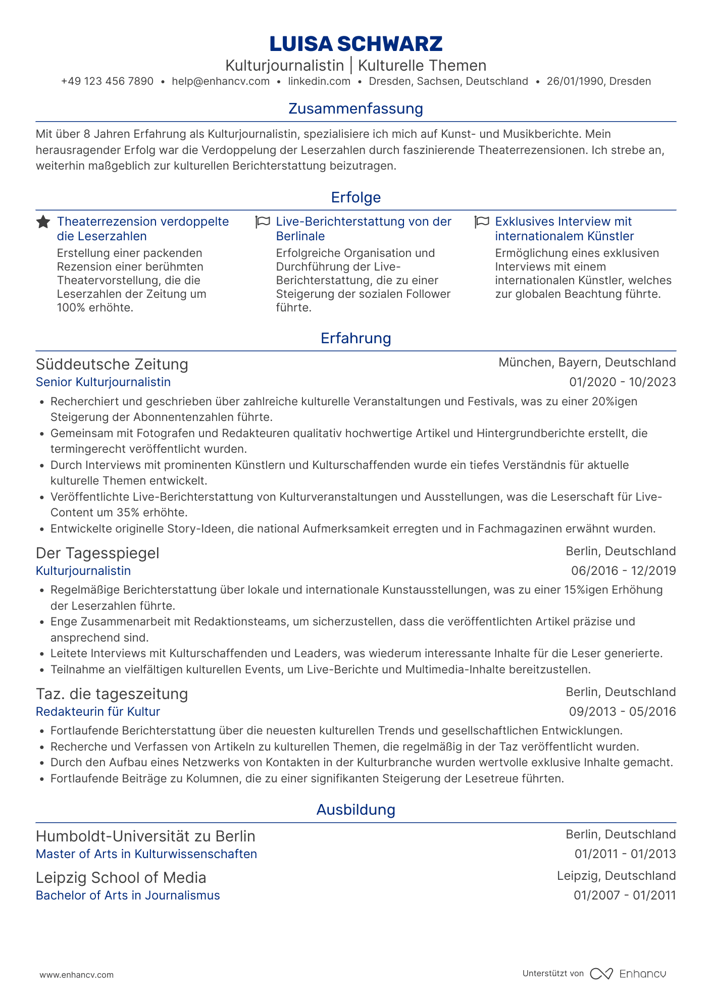 Lebenslauf als Kulturjournalist Resume Example