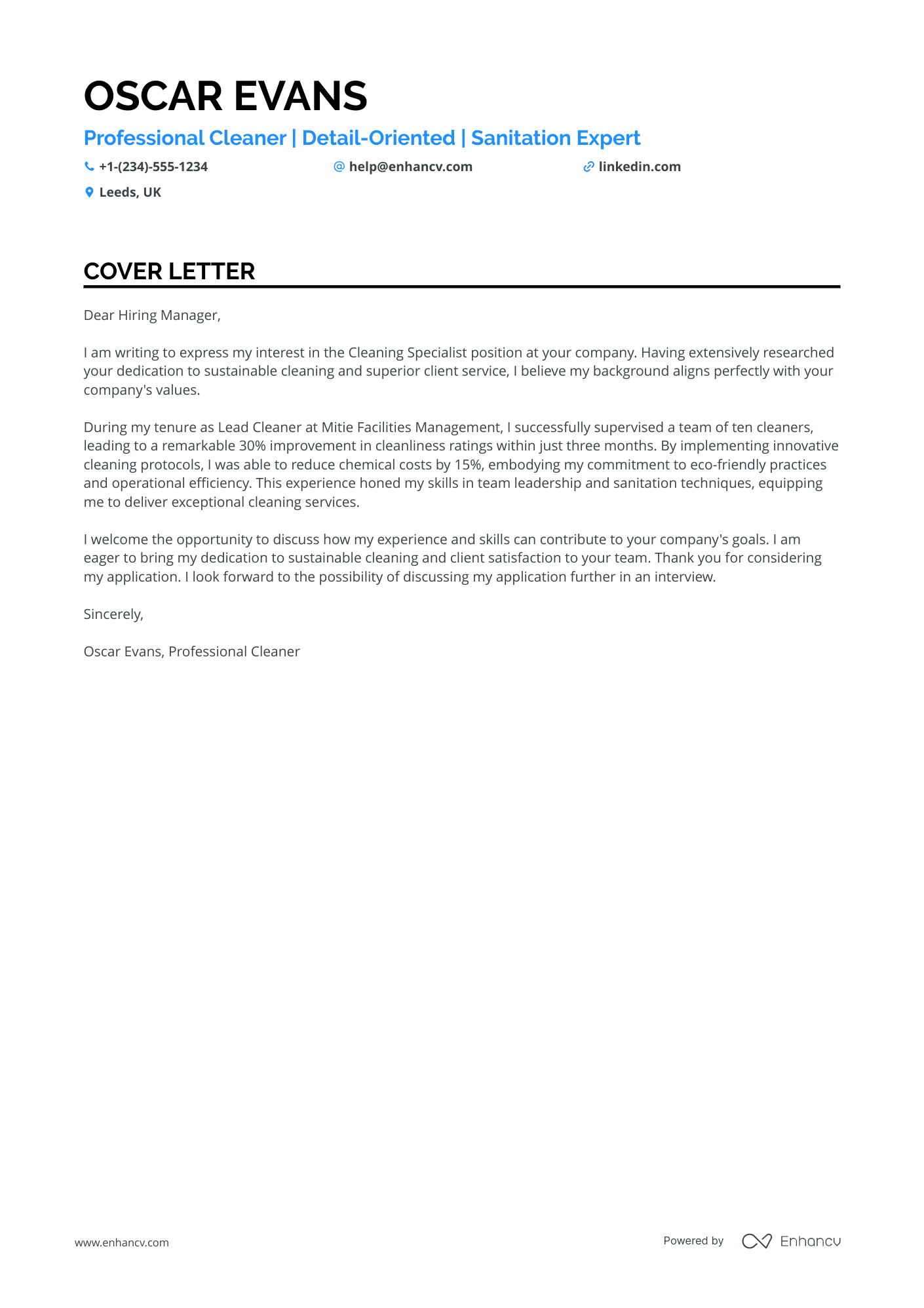 Experienced Cleaner Resume Example
