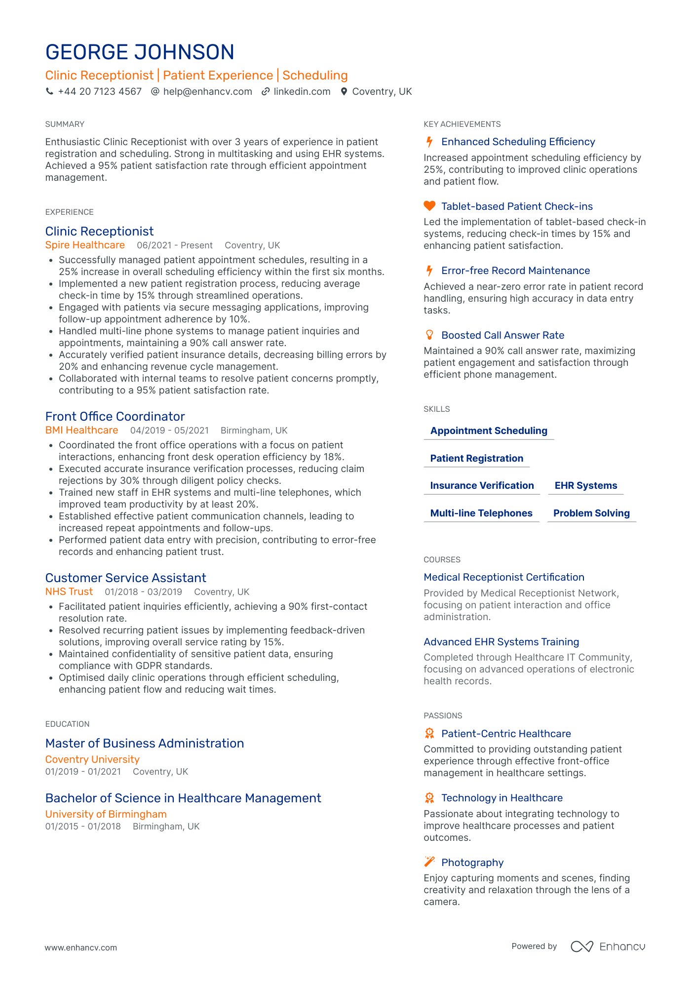 Medical Receptionist in Neurology Clinic Resume Example