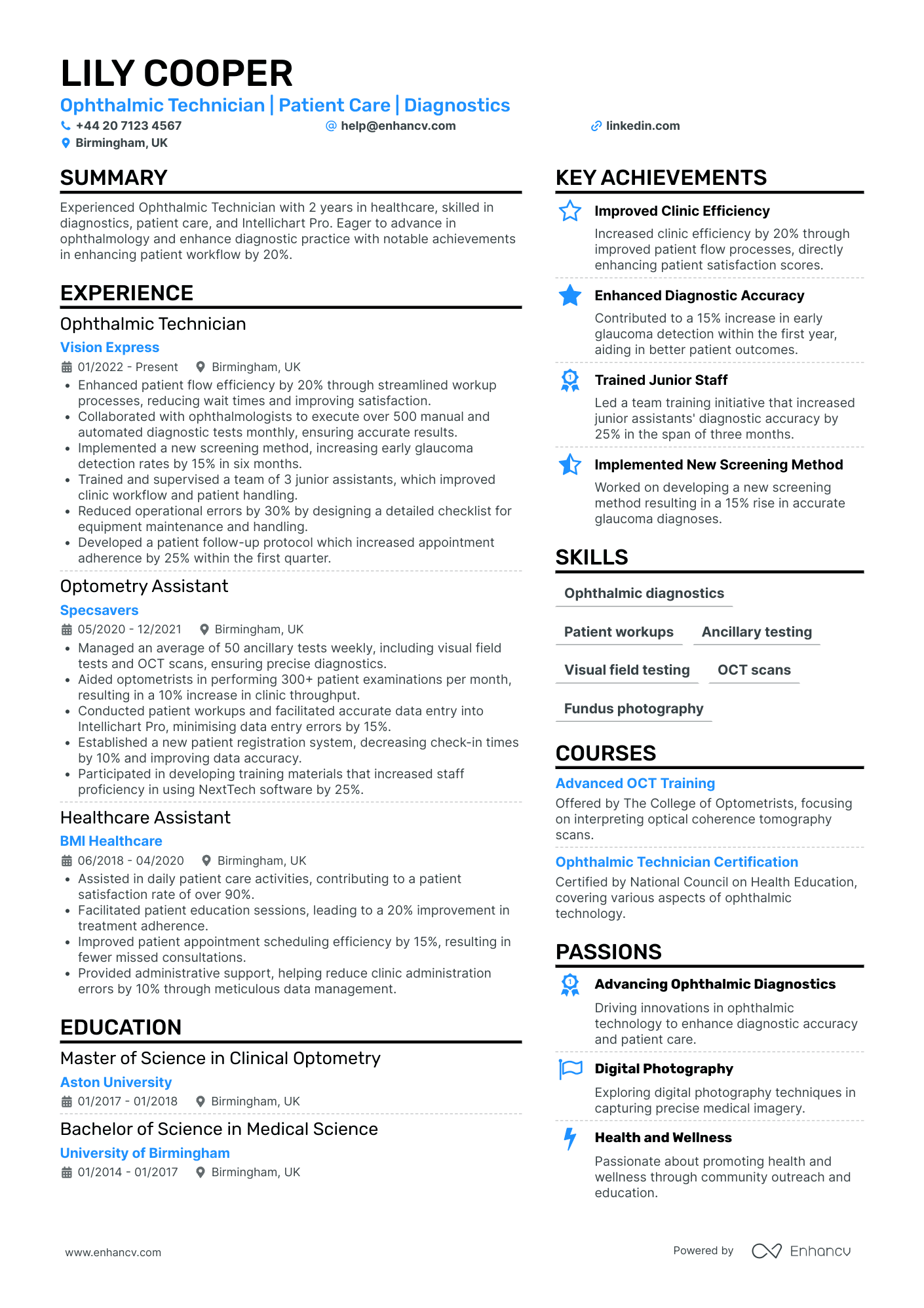 Trainee Optometry Technician Resume Example