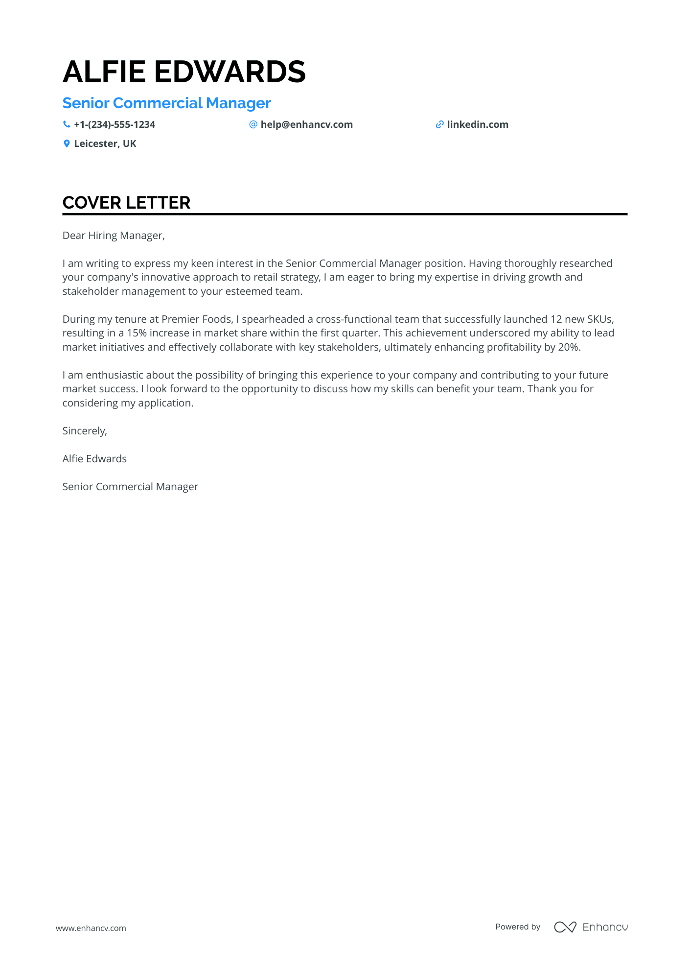 Senior Commercial Manager Resume Example