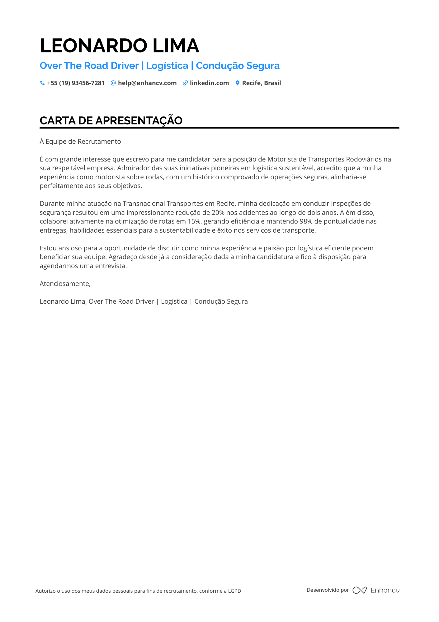 Motorista de caminhão de longa distância Resume Example