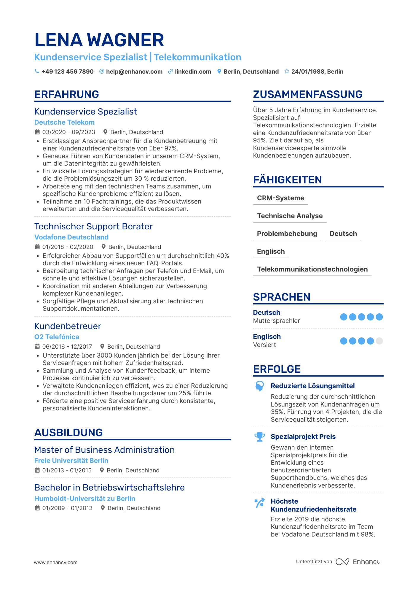 Lebenslauf in Kundenservice in der Telekommunikation Resume Example